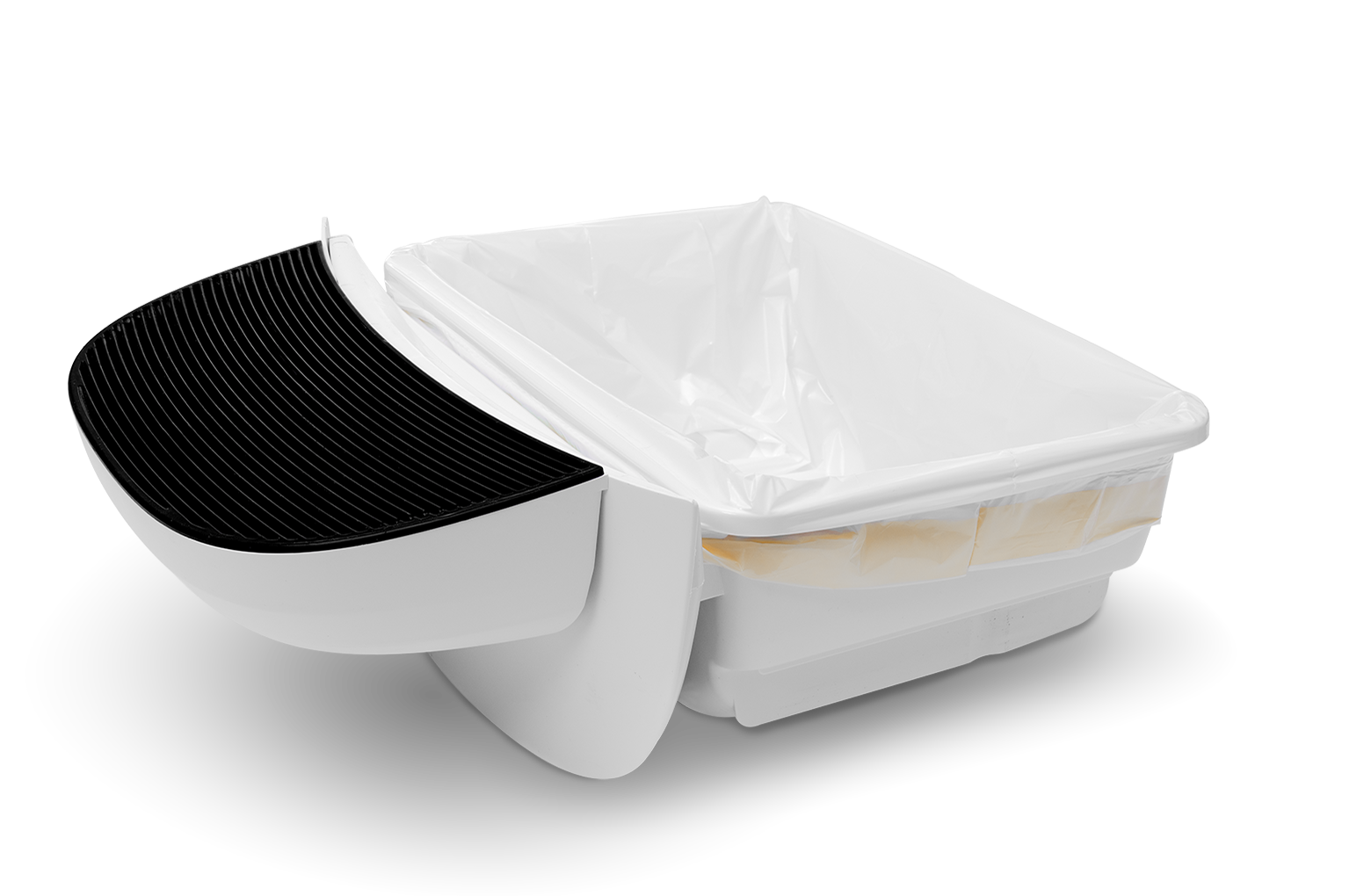 Un revestimiento blanco para caja de arena con tapa acanalada negra y forro transparente.