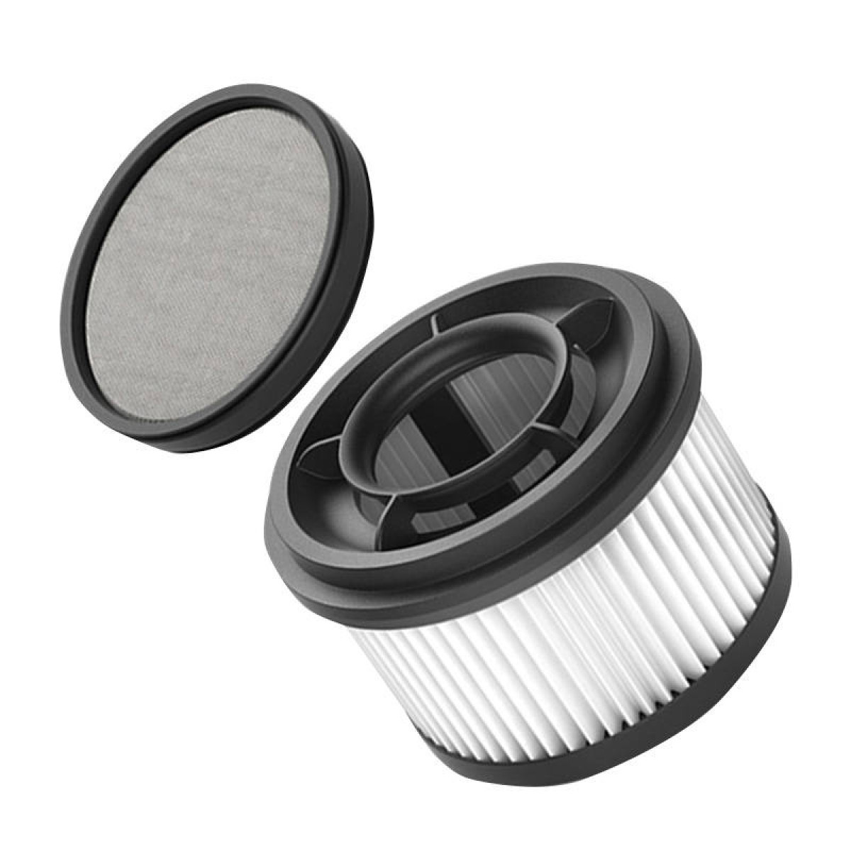 Un filtre d'aspirateur rond avec plis et un couvercle en maille séparé.