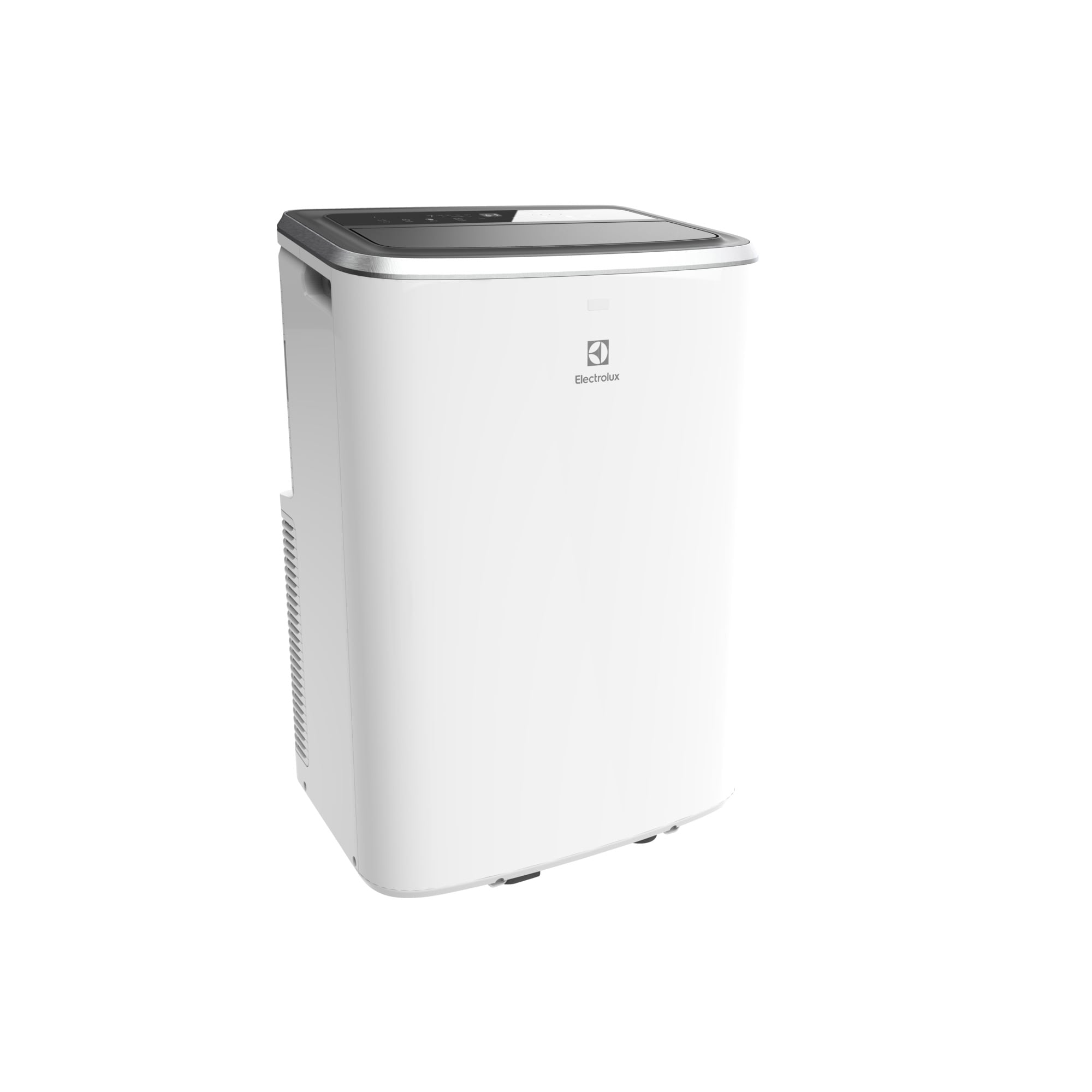 Una torre di condizionatore portatile bianca con parte superiore argentata e logo Electrolux.