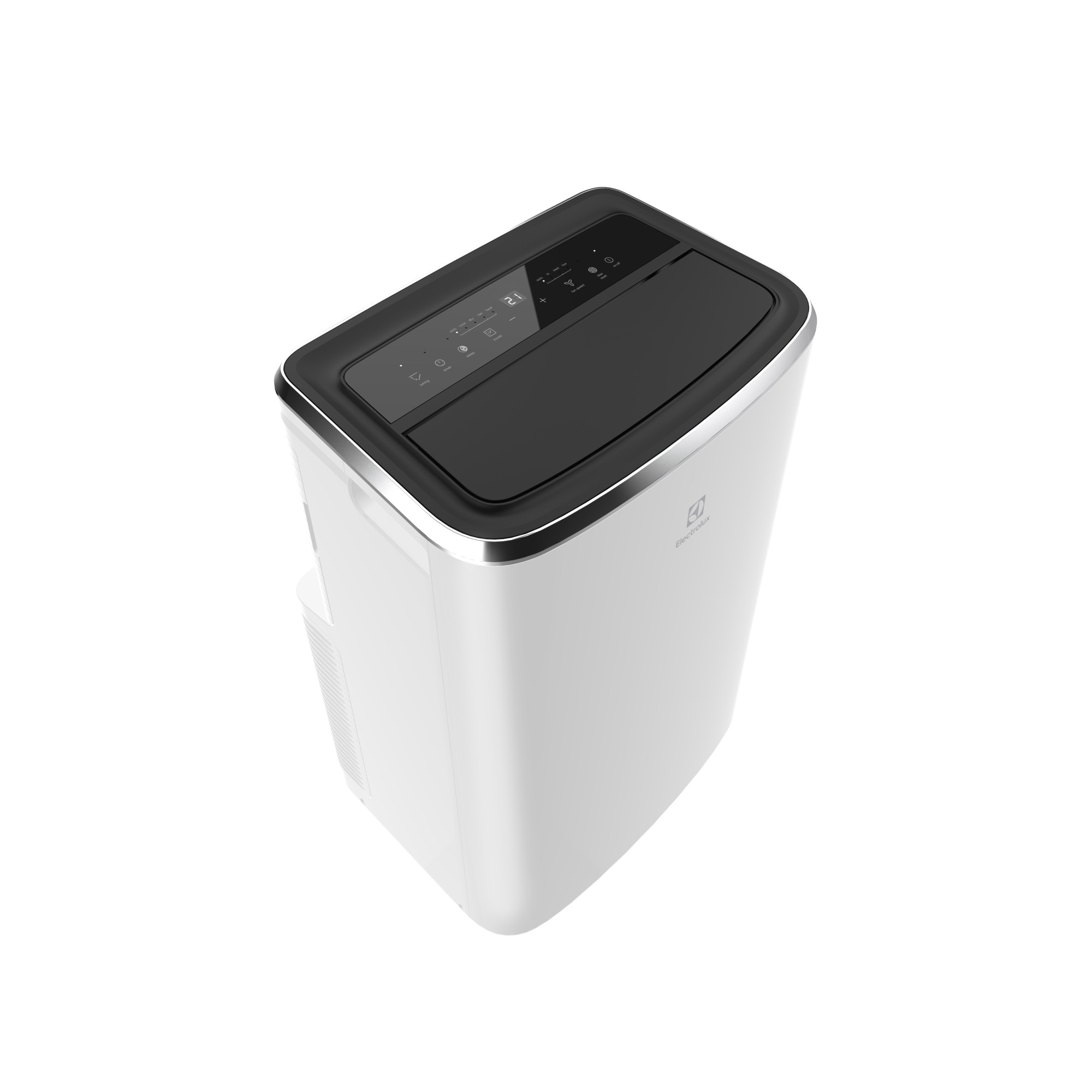 Un deumidificatore condizionatore portatile bianco con pannello di controllo nero.