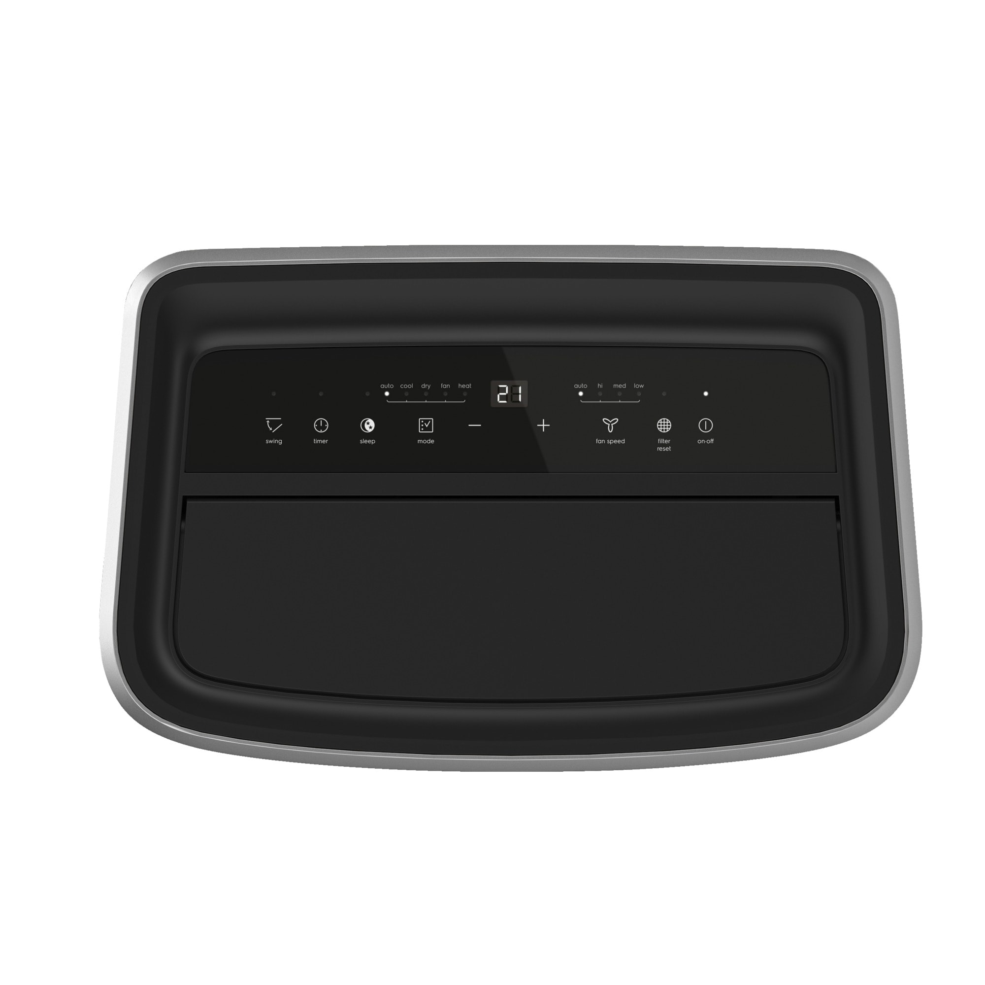 Pannello di controllo di un condizionatore con display digitale 21, pulsanti per modalità, velocità ventola e timer.