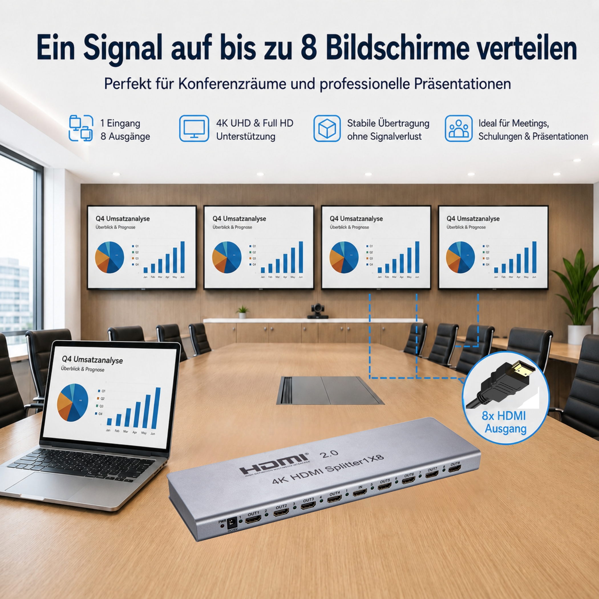 Ein silberner 8x HDMI Splitter auf einem Konferenztisch, daneben ein Laptop.