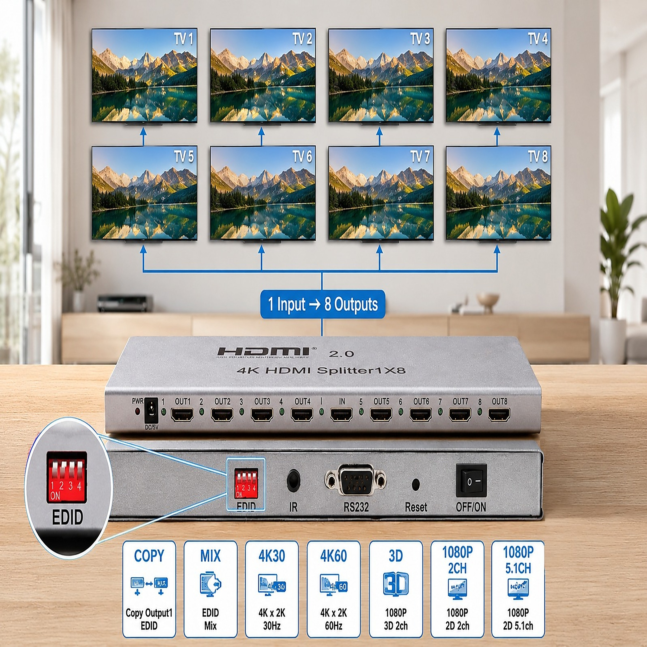 Ein silberner 4K HDMI Splitter mit 8 Ausgängen und 8 angeschlossenen TVs.
