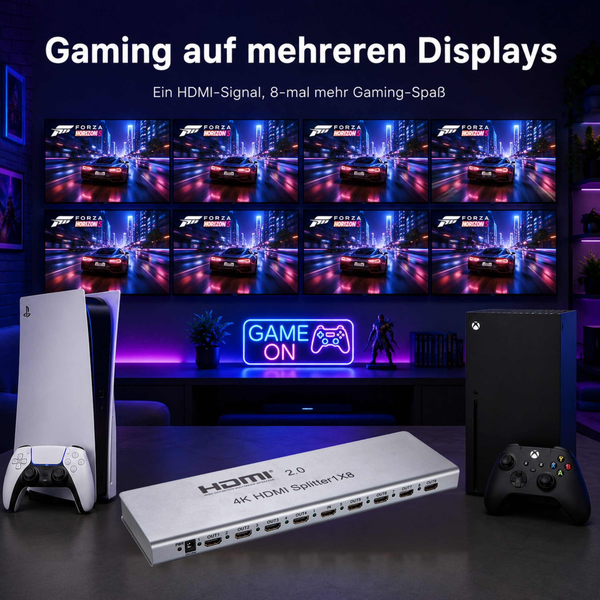 Gaming-Setup mit PS5, Xbox, HDMI-Splitter und acht Monitoren, die Forza Horizon 5 zeigen.