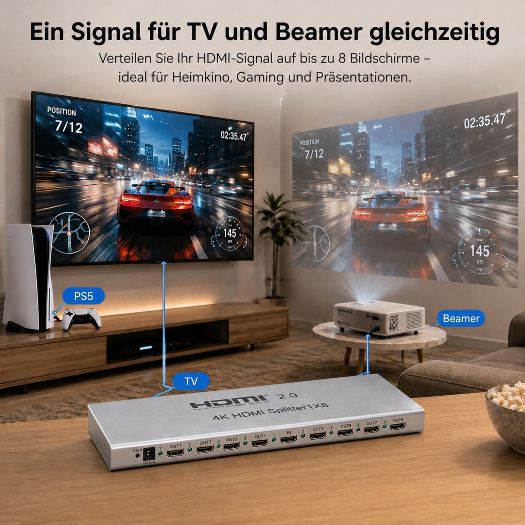 Ein HDMI-Splitter verteilt Signale an TV und Beamer, zeigt Rennspiel.
