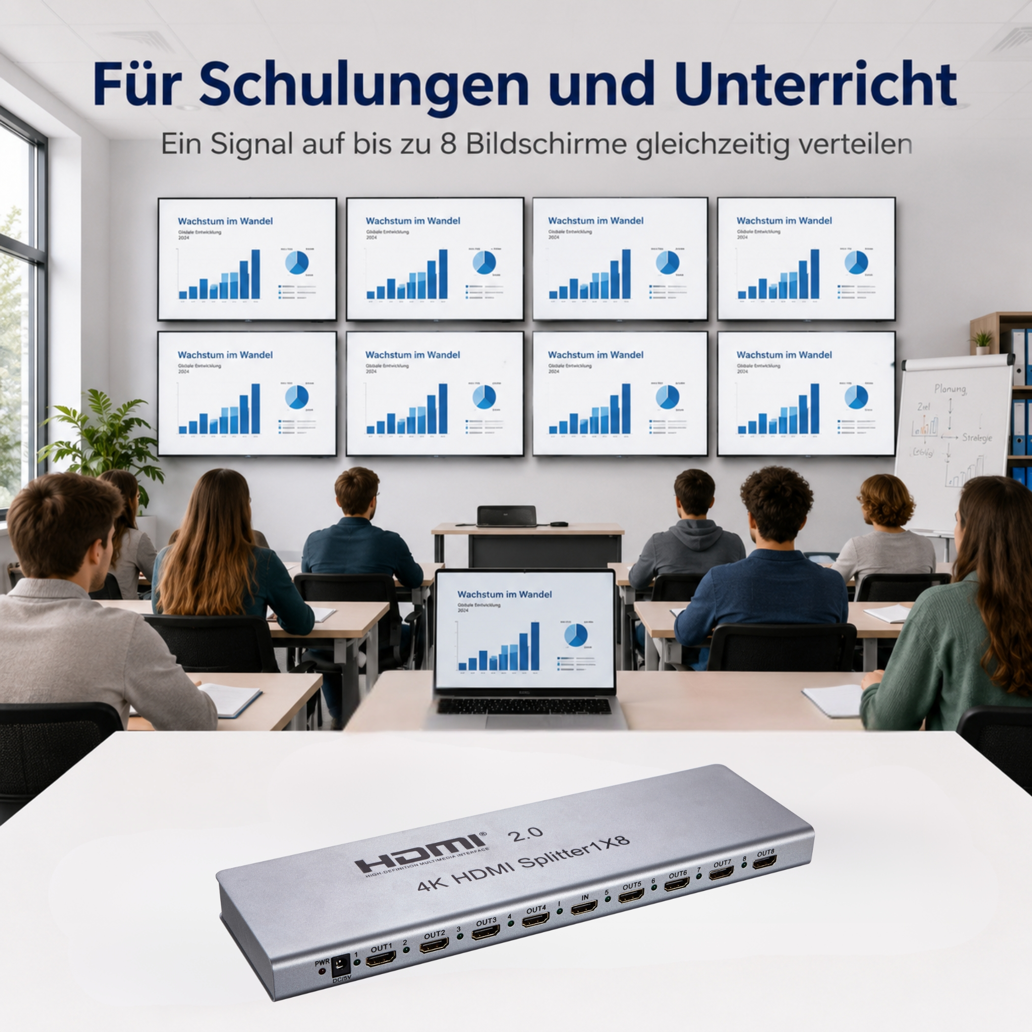 Eine 4K HDMI Splitter 1x8 Einheit liegt auf einem Tisch vor einer Klasse, die auf Bildschirme blickt.