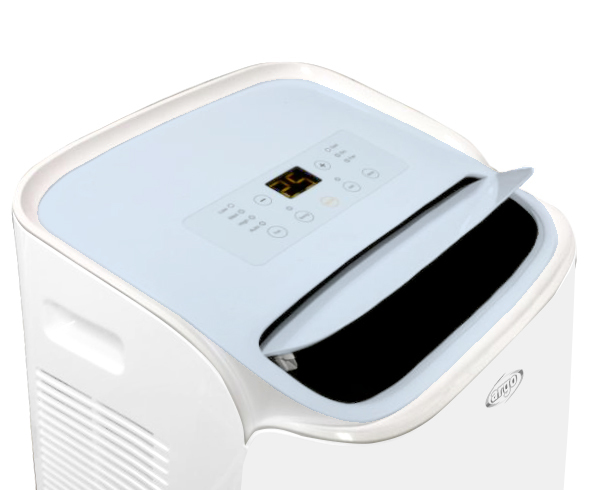 Un deumidificatore bianco con display digitale e sportello aperto.