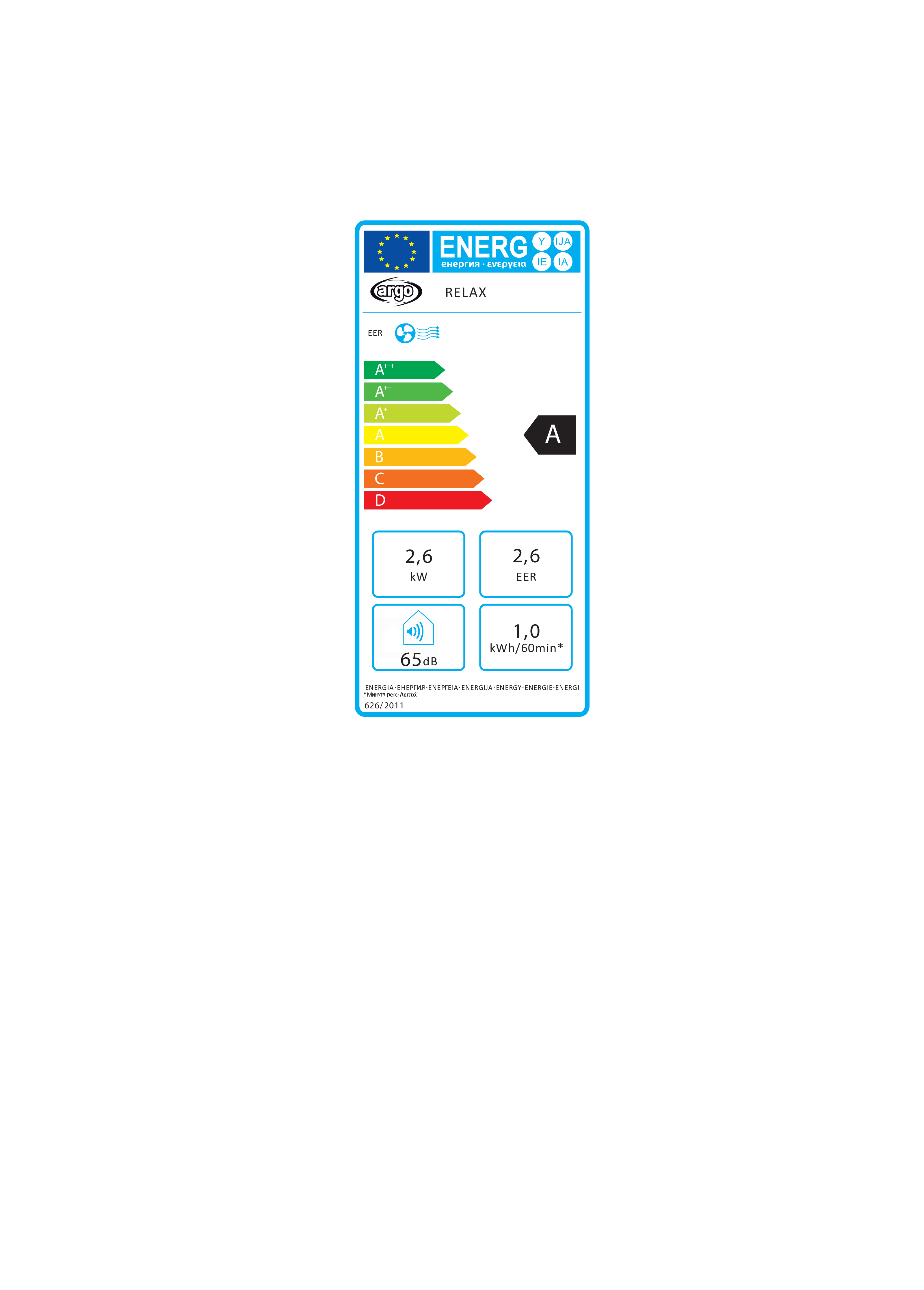 Etichetta energetica condizionatore: 2,6 kW, 2,6 EER, 65 dB, 1,0 kWh/60min. Classe A.