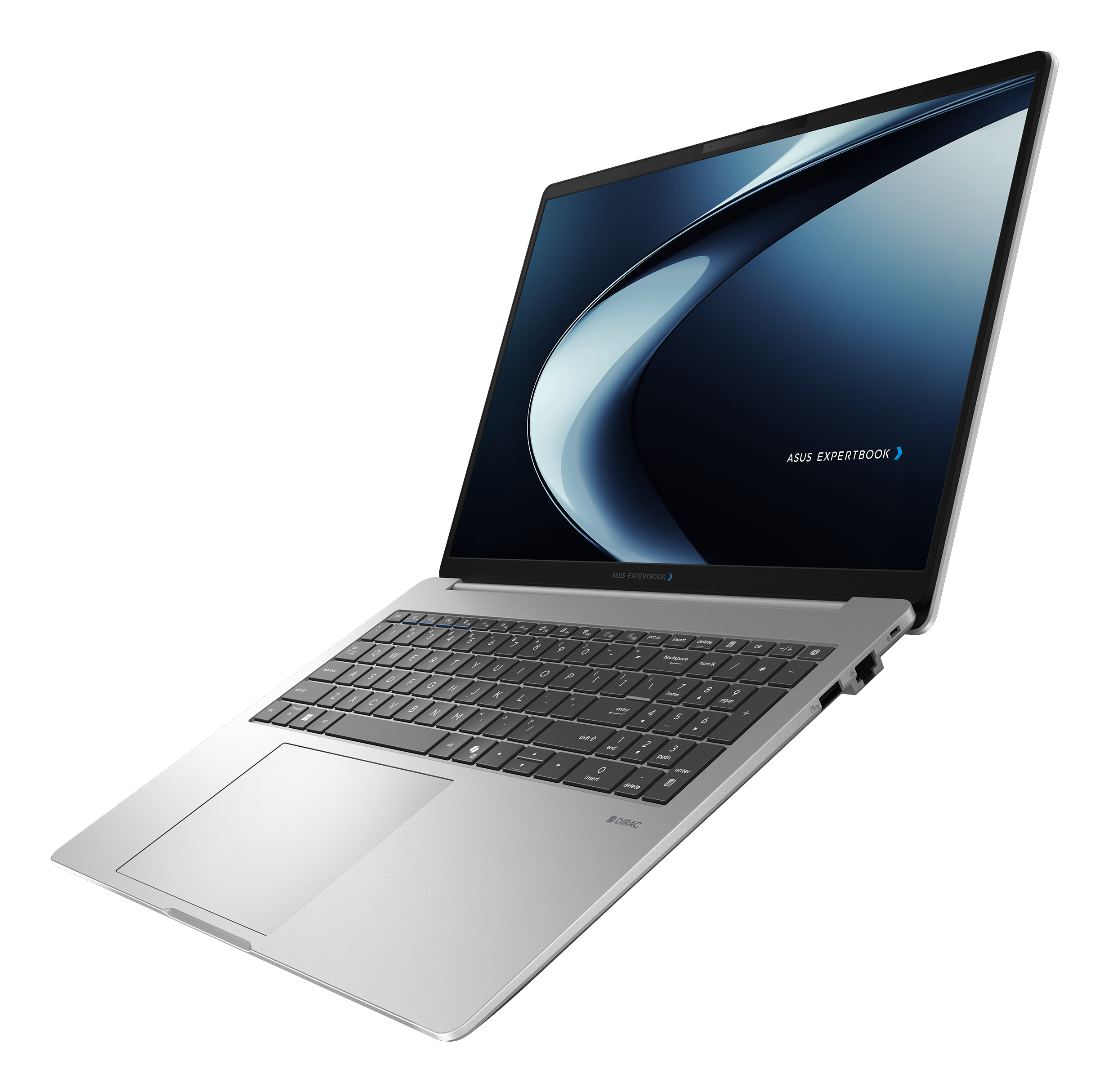 Un laptop Asus ExpertBook argentato, aperto, con tastiera e touchpad.