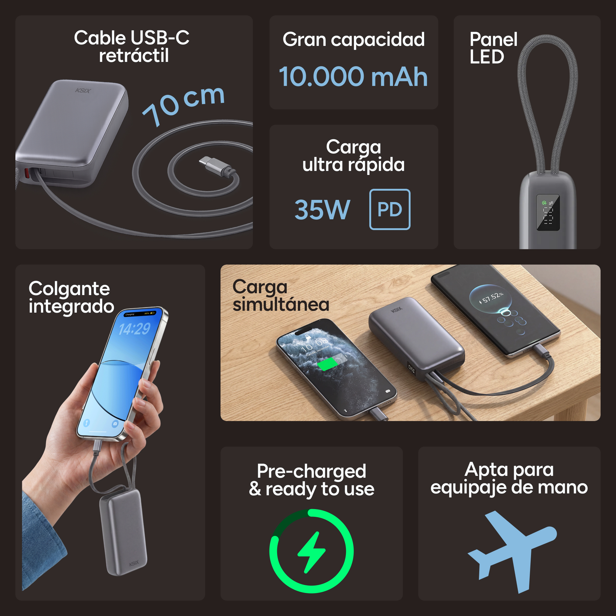 Powerbank gris con cable USB-C, 10.000 mAh, 35W PD, panel LED, pantalla de carga.