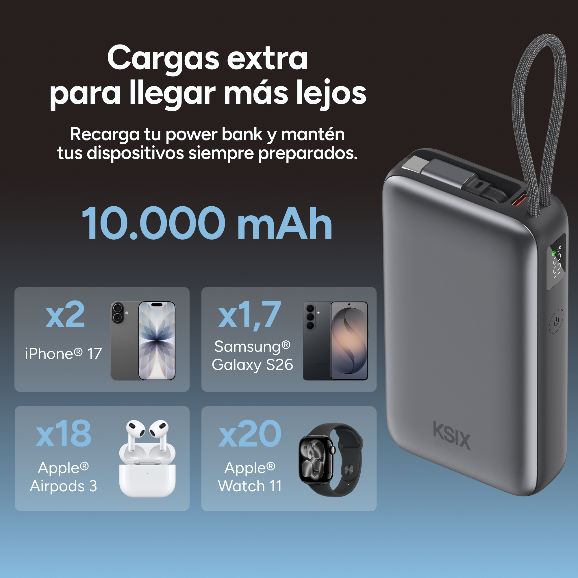 Una batería externa gris con una correa, cargando varios dispositivos como iPhones, Samsung Galaxy, AirPods y un Apple Watch.