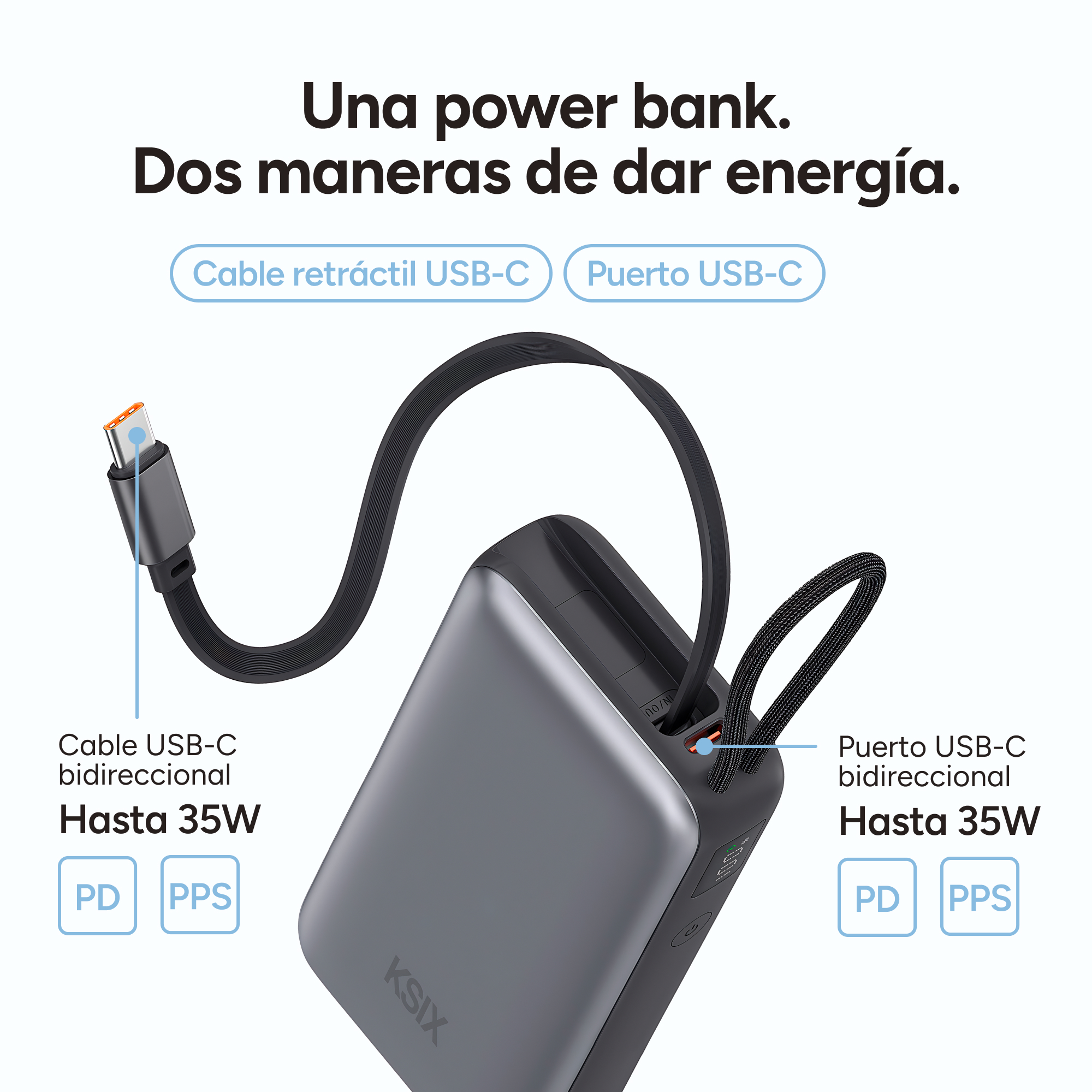 Una power bank gris con cable USB-C retráctil y puerto USB-C, con carga bidireccional de 35W.