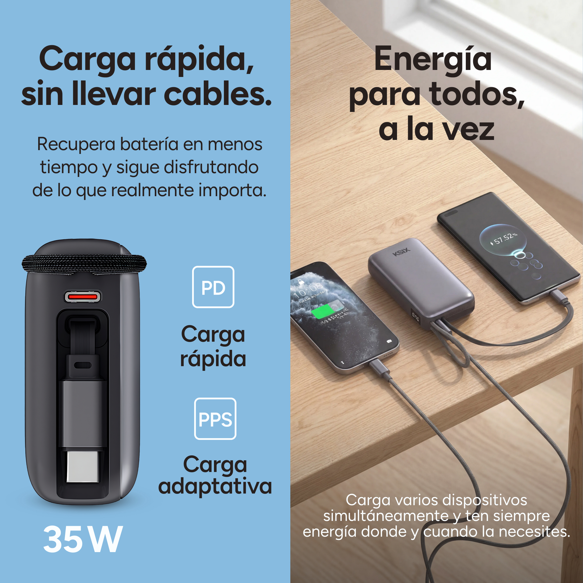 Una batería externa carga dos smartphones en una mesa de madera, con texto sobre carga rápida y adaptativa y 35W de potencia.