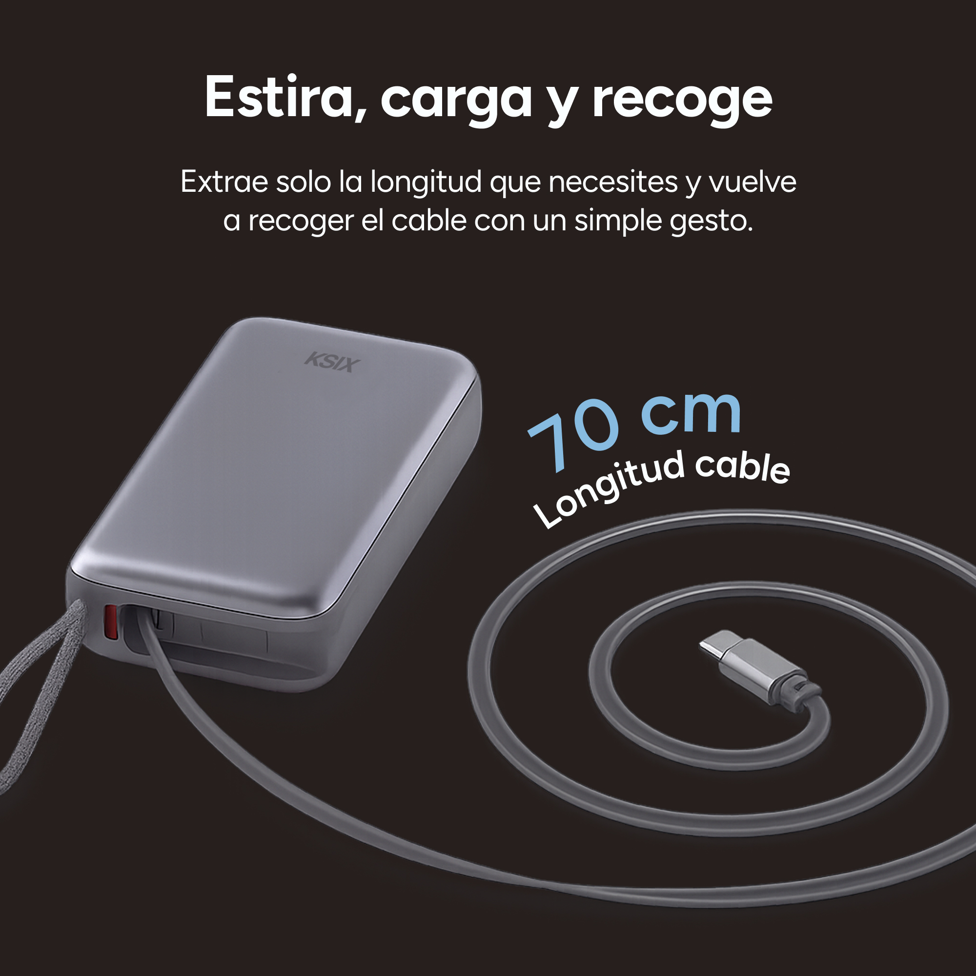 Powerbank Ksix gris con cable retráctil de 70cm.