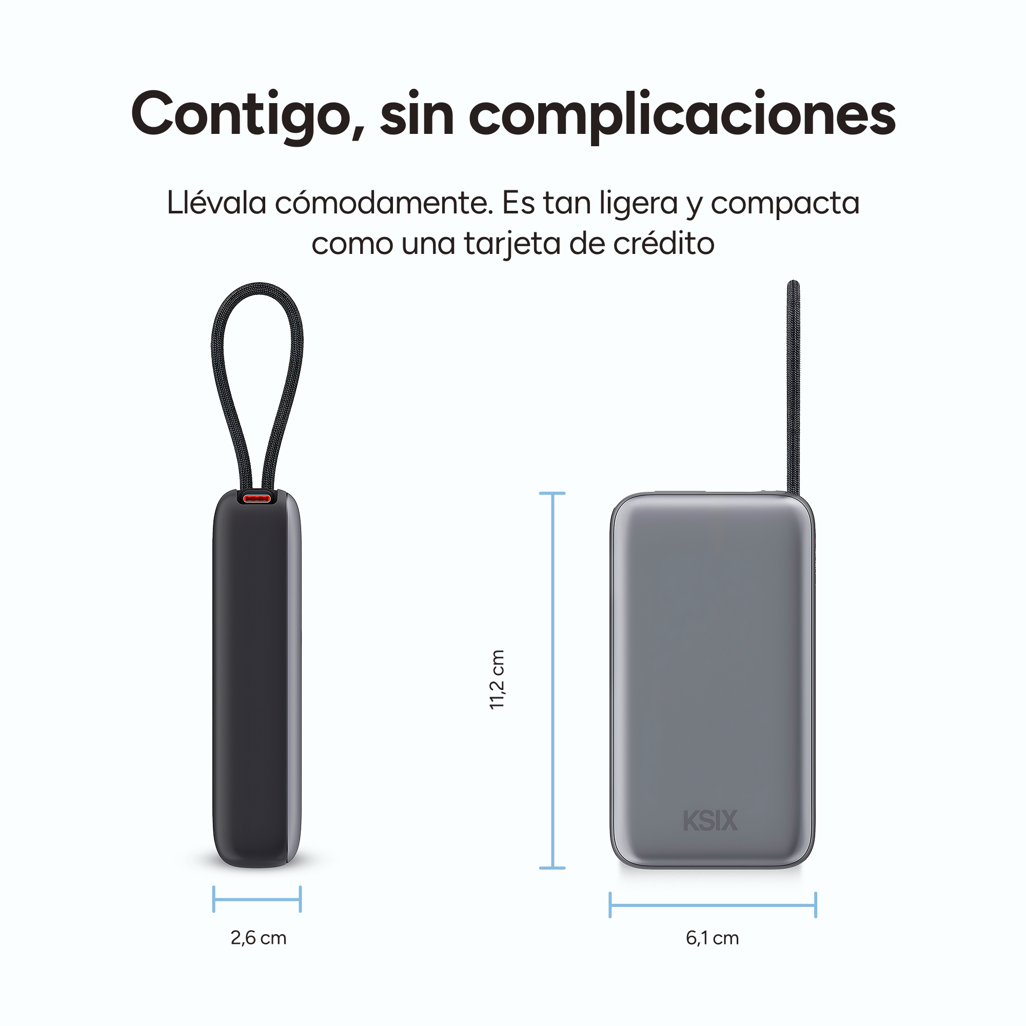 Dos baterías KSIX con dimensiones. Una negra y una gris.