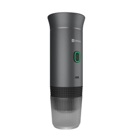 Dispositivo grigio con pulsante verde e porta USB-C.