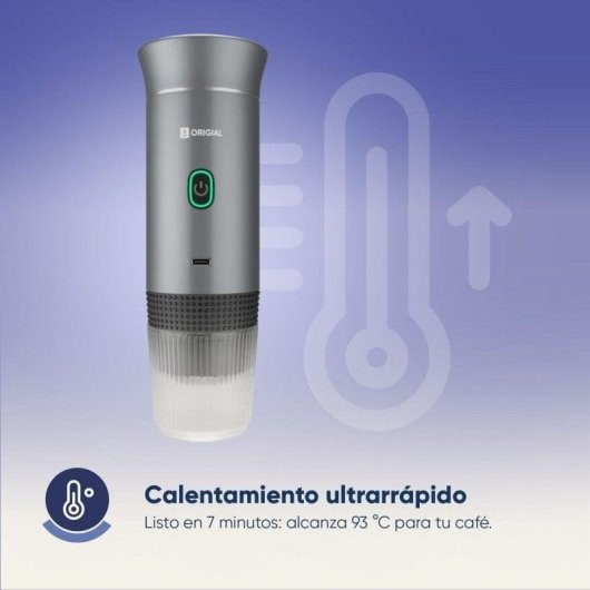 Un dispositivo cilindrico grigio con un pulsante di accensione verde e una base testurizzata, su sfondo blu con icona termometro.