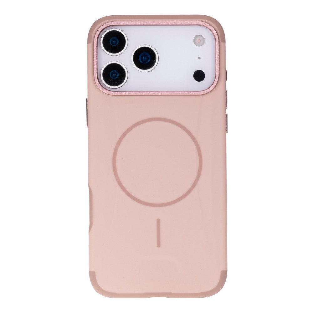 Kamera kesimli ve manyetik halkalı pembe telefon kılıfı.