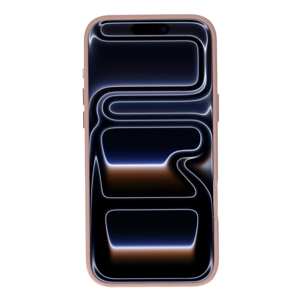 Koyu, soyut duvar kağıdı gösteren pembe bir iPhone.