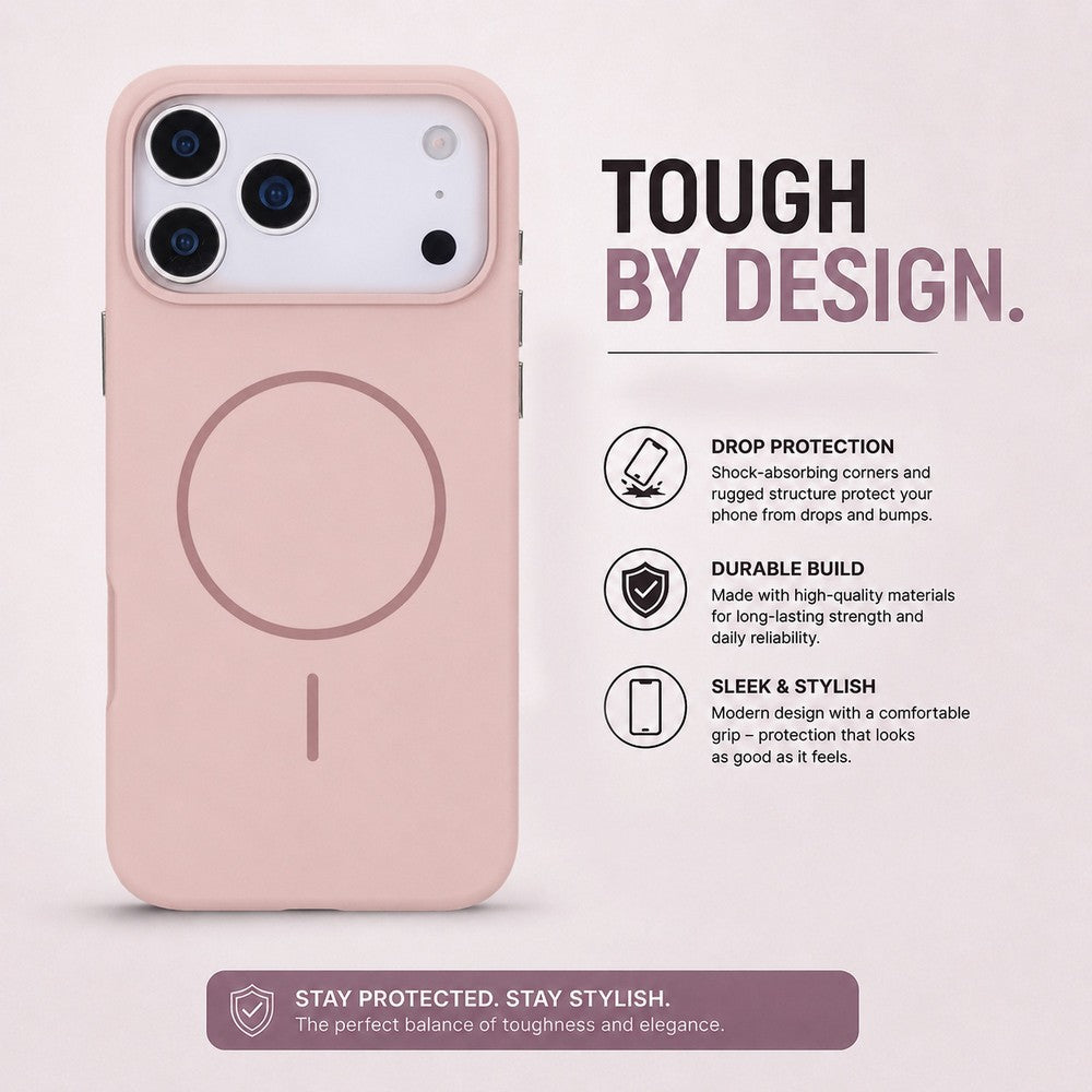 Üç kameralı ve manyetik halkalı pembe telefon kılıfı. Metin koruma ve stili vurguluyor.