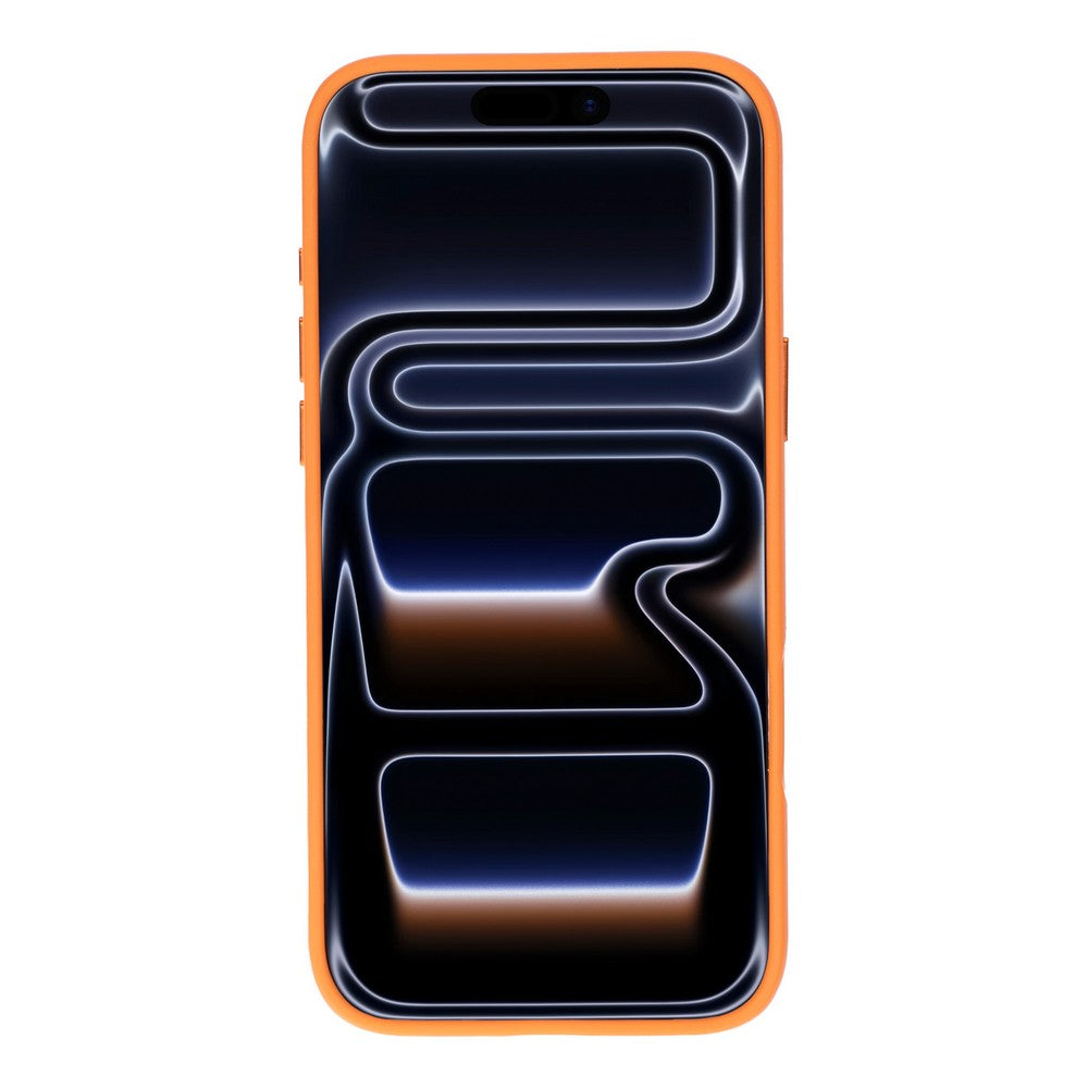 Koyu arka planlı ve parlak çizgili turuncu iPhone.
