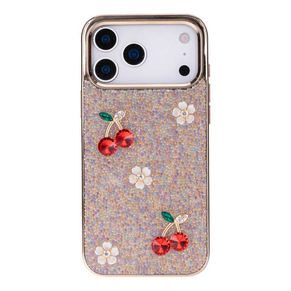 Altın simli telefon kılıfı, kırmızı mücevher kiraz ve beyaz çiçekli.