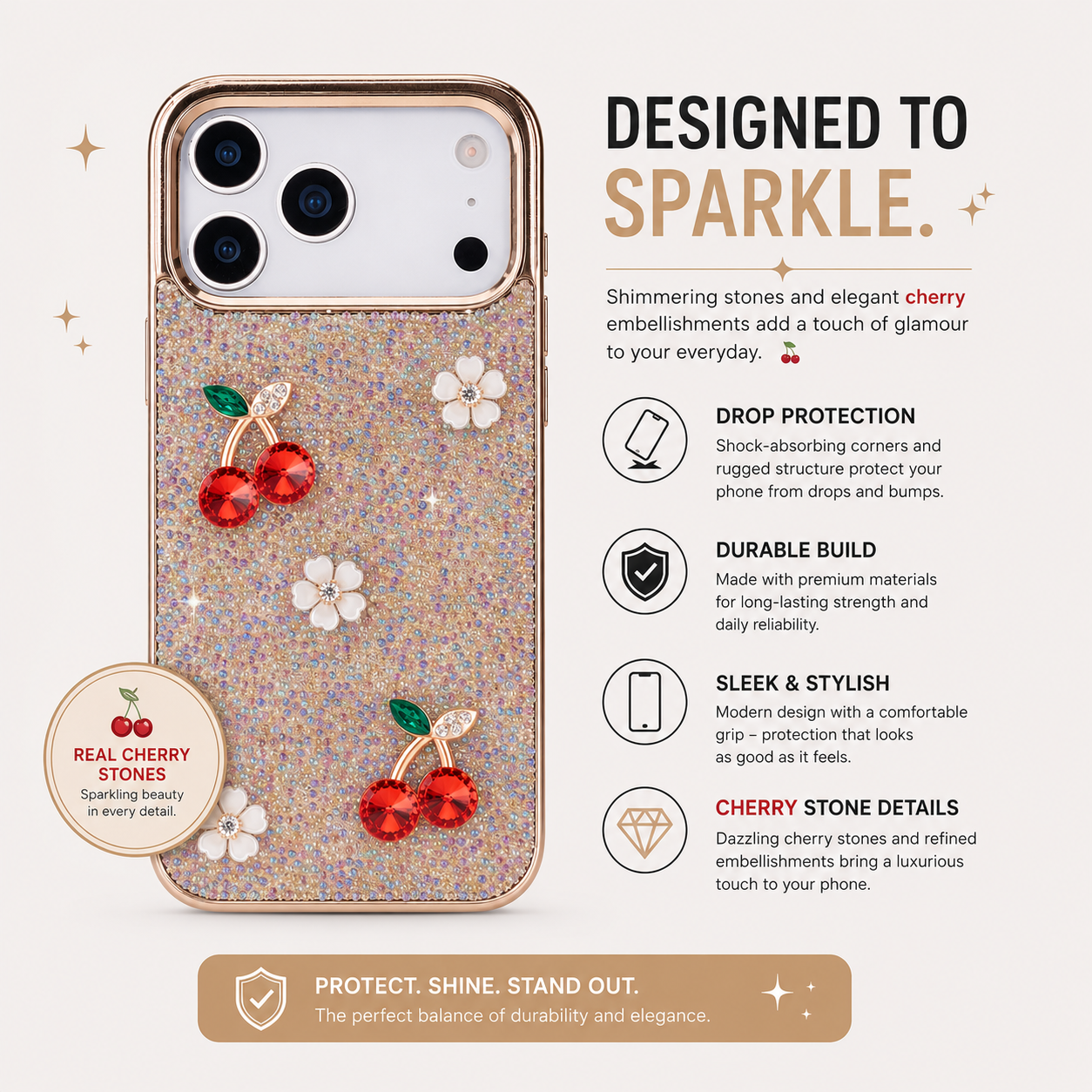Parıltılı ve kiraz taşlı iPhone kılıfı. Rose gold.