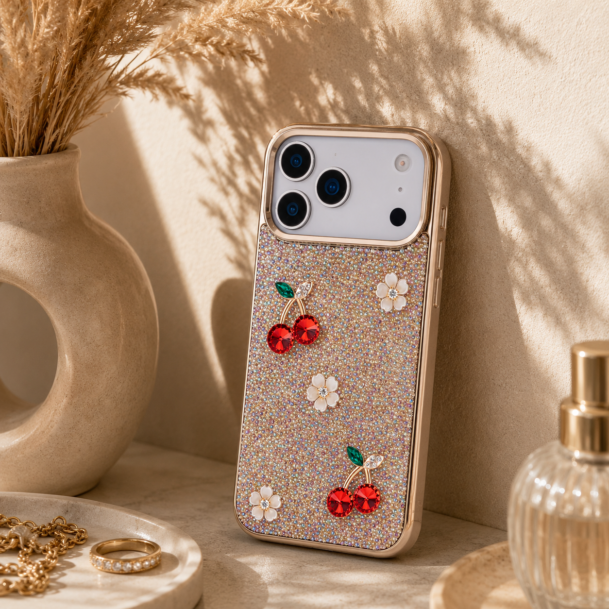 Simli, kiraz ve çiçekli altın iPhone kılıfı. Vazonun yanında duruyor.
