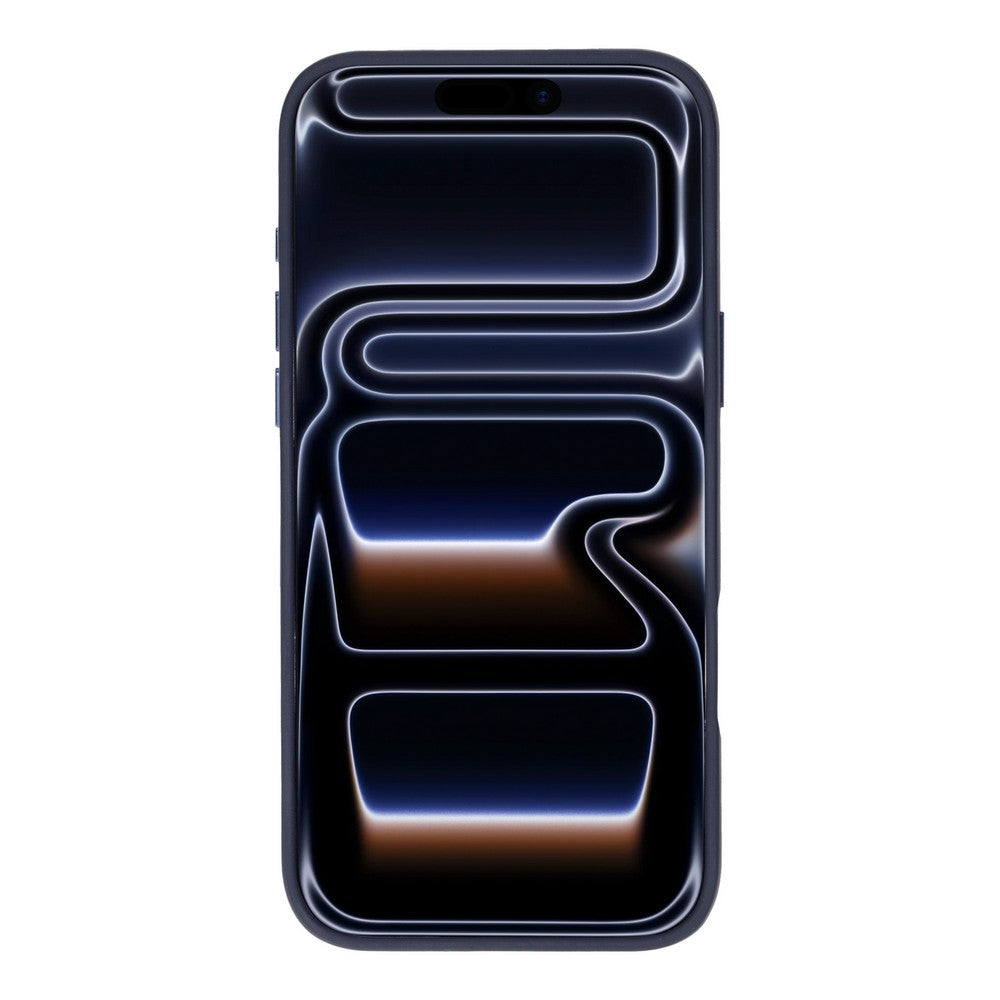 Ekranında soyut, parlayan bir desene sahip koyu renkli bir akıllı telefon.