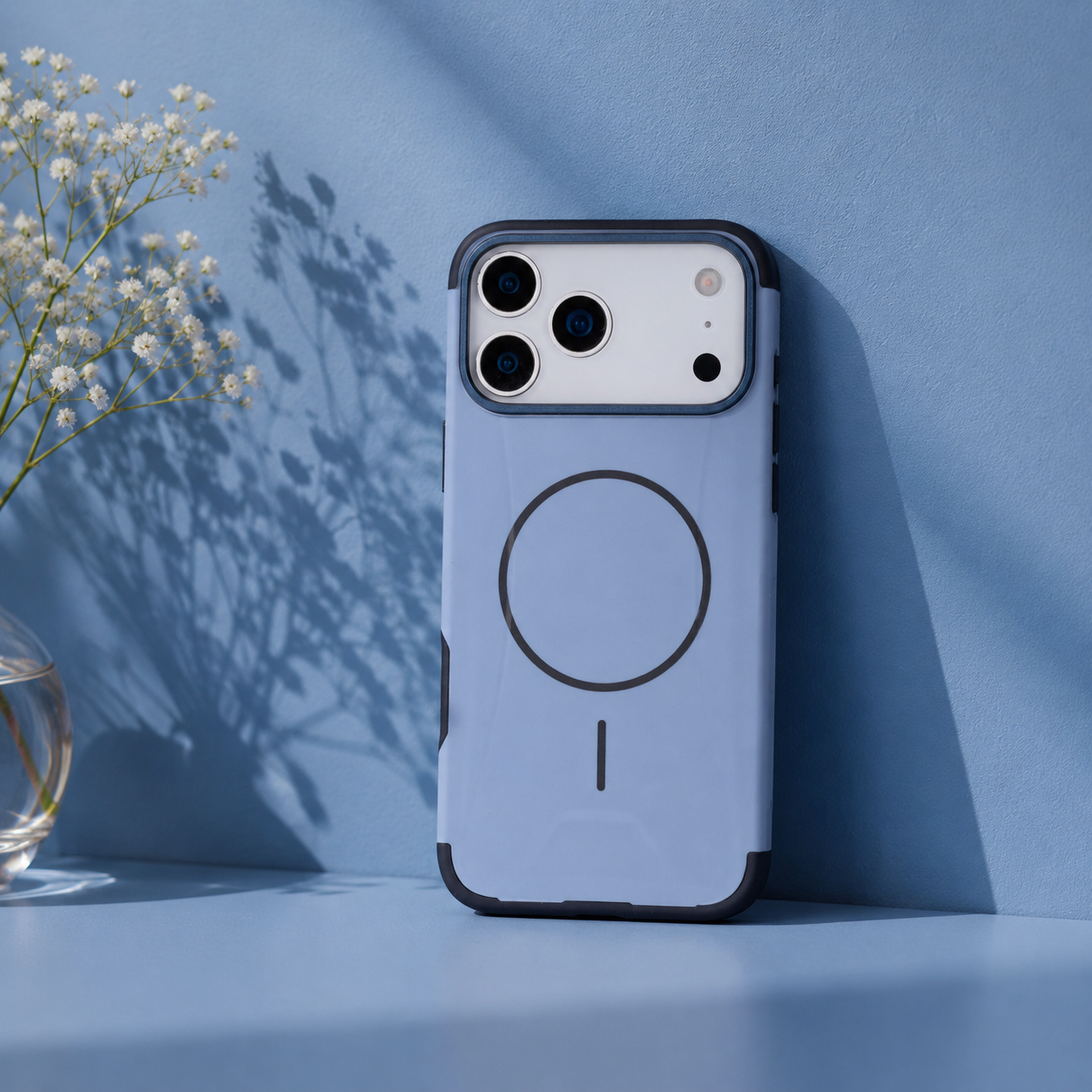Siyah ve mavi kılıflı açık mavi bir iPhone, mavi bir yüzeyde beyaz çiçekli bir vazonun yanında dik duruyor.