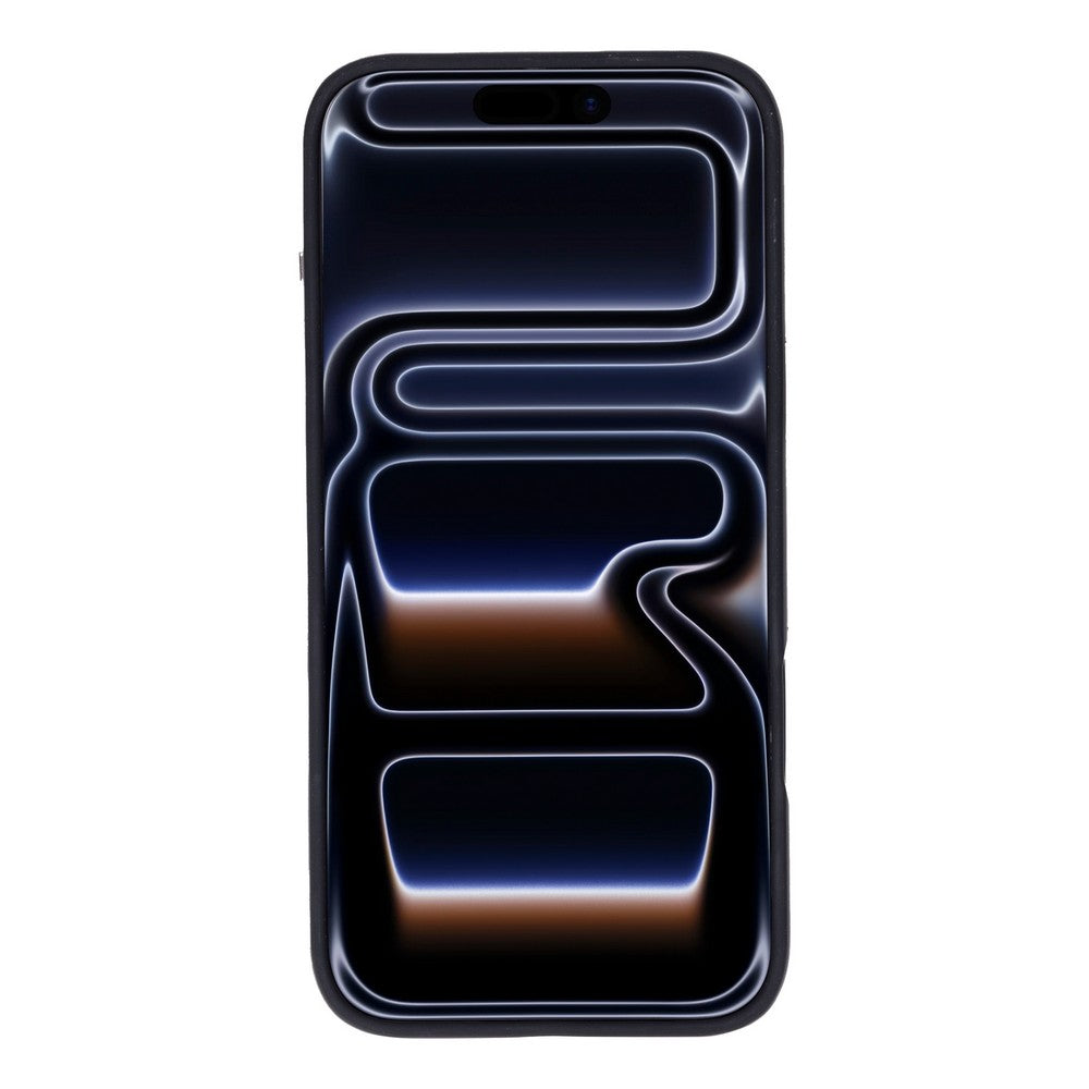 Ekranında soyut, parlak tasarıma sahip siyah bir akıllı telefon.