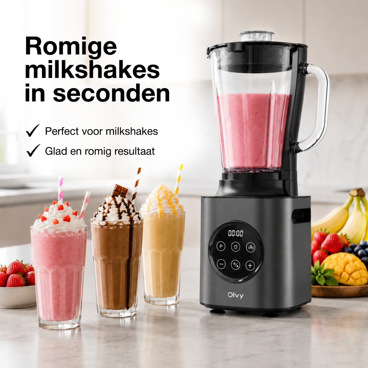 A black blender with three milkshakes and fruit in the background.