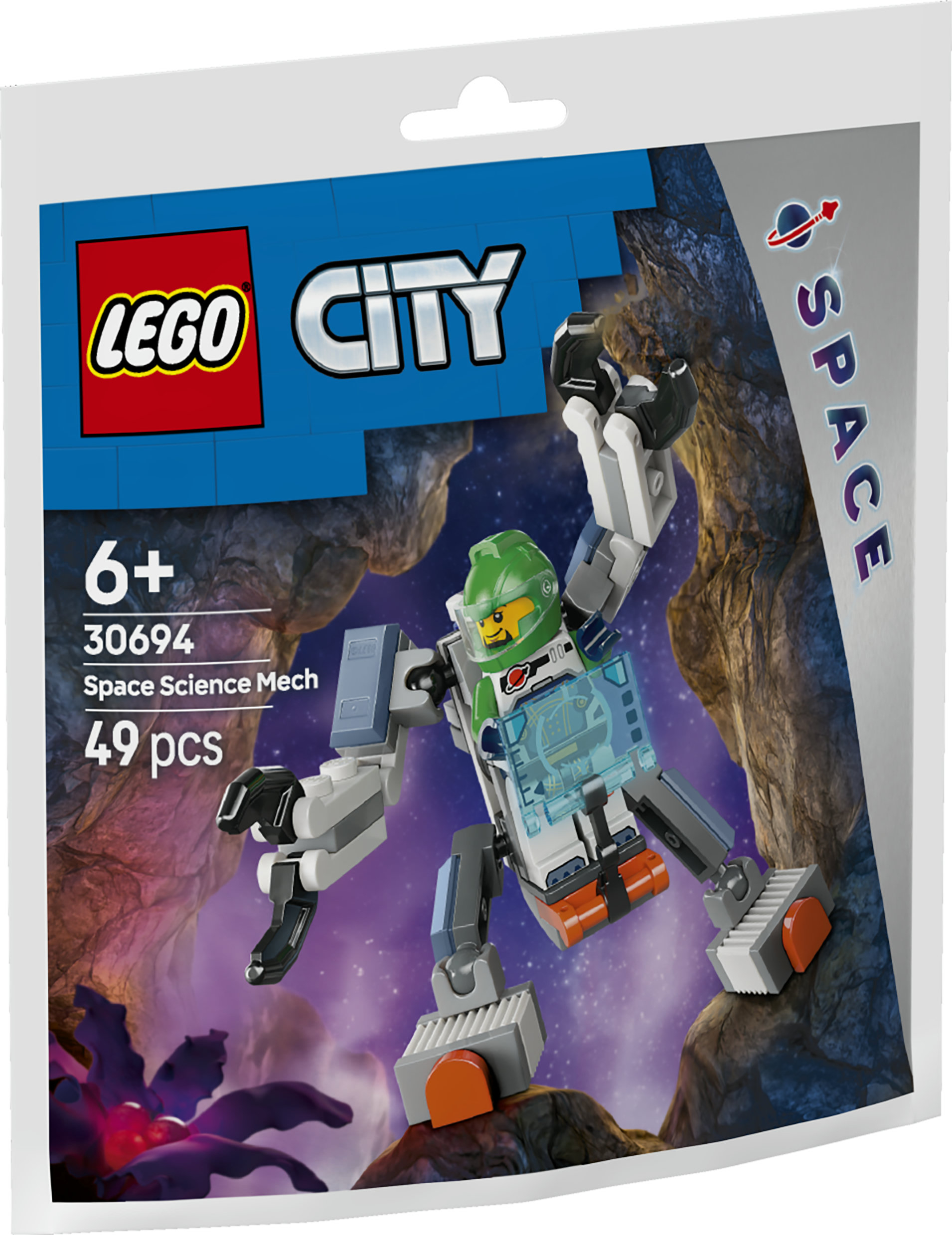 Un polybag LEGO City Space Science Mech avec une figurine au casque vert dans un costume de mech sur une planète rocheuse violette.