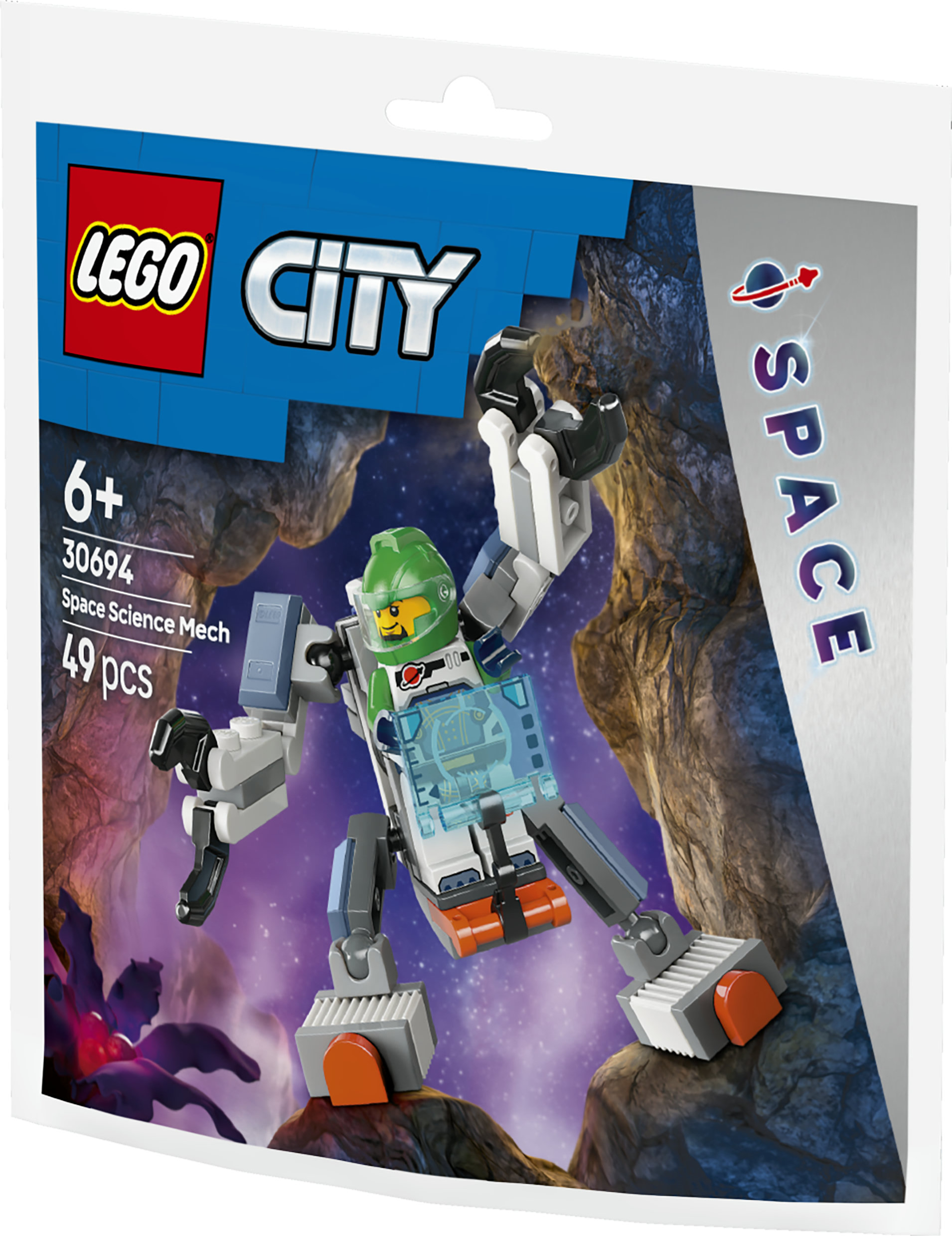 Un mécha spatial Lego avec astronaute casque vert sur terrain rocheux.