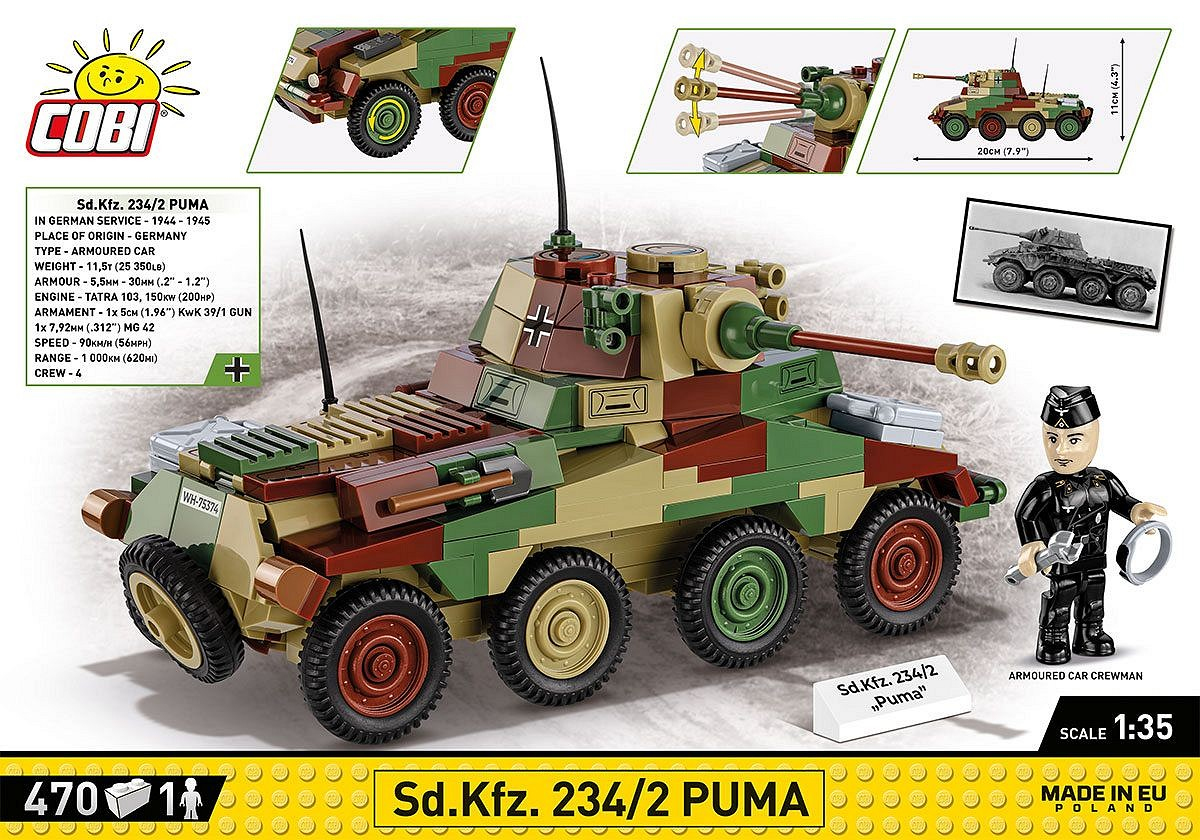 Ein COBI-Modell eines Sd.Kfz. 234/2 Puma-Panzers in Tarnfarben, mit einem Fahrer.