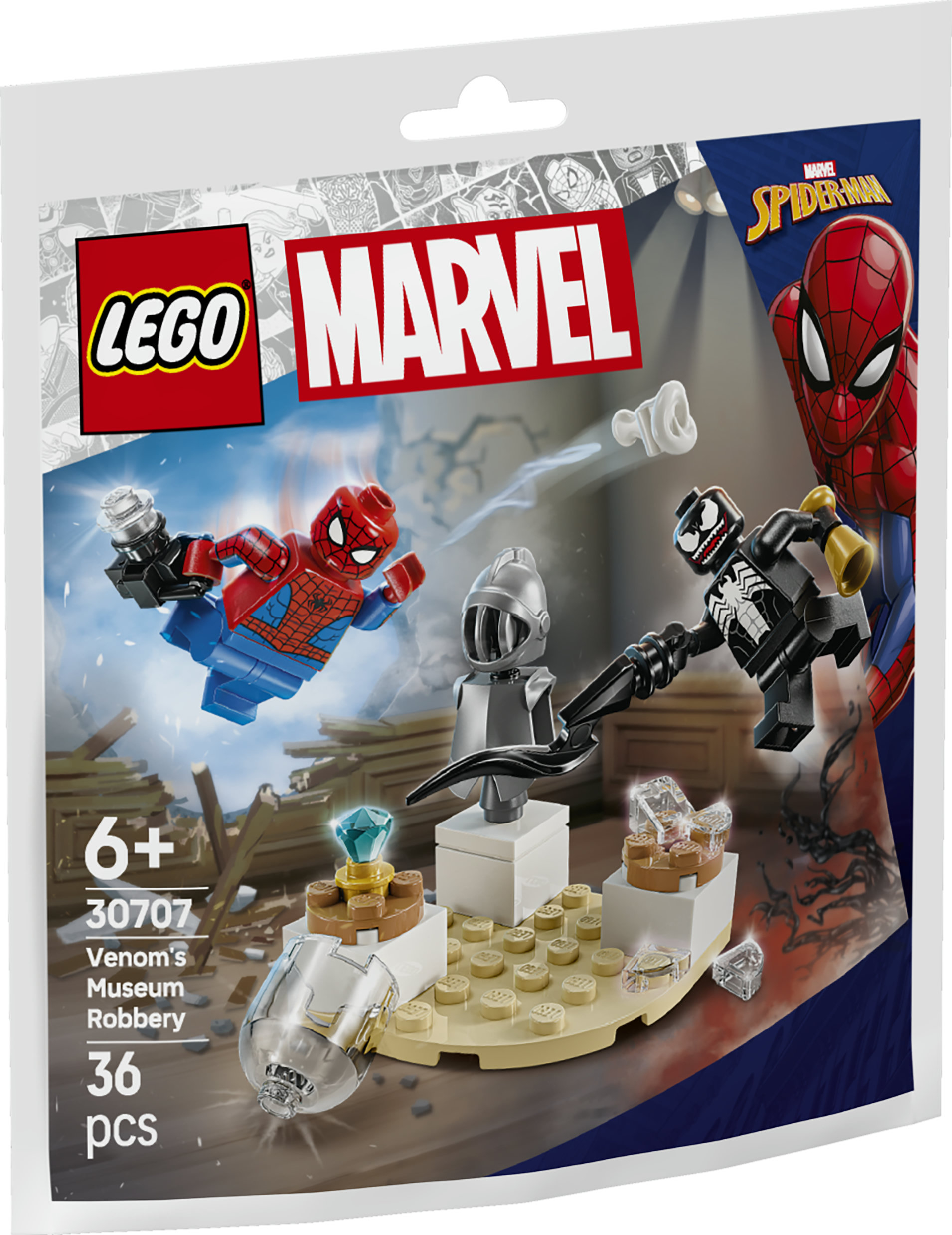 LEGO Marvel seti, Spider-Man ve Venom minifigürlerinin şövalye miğferi ve mücevherler dahil müze eserleri için savaştığını gösteriyor.
