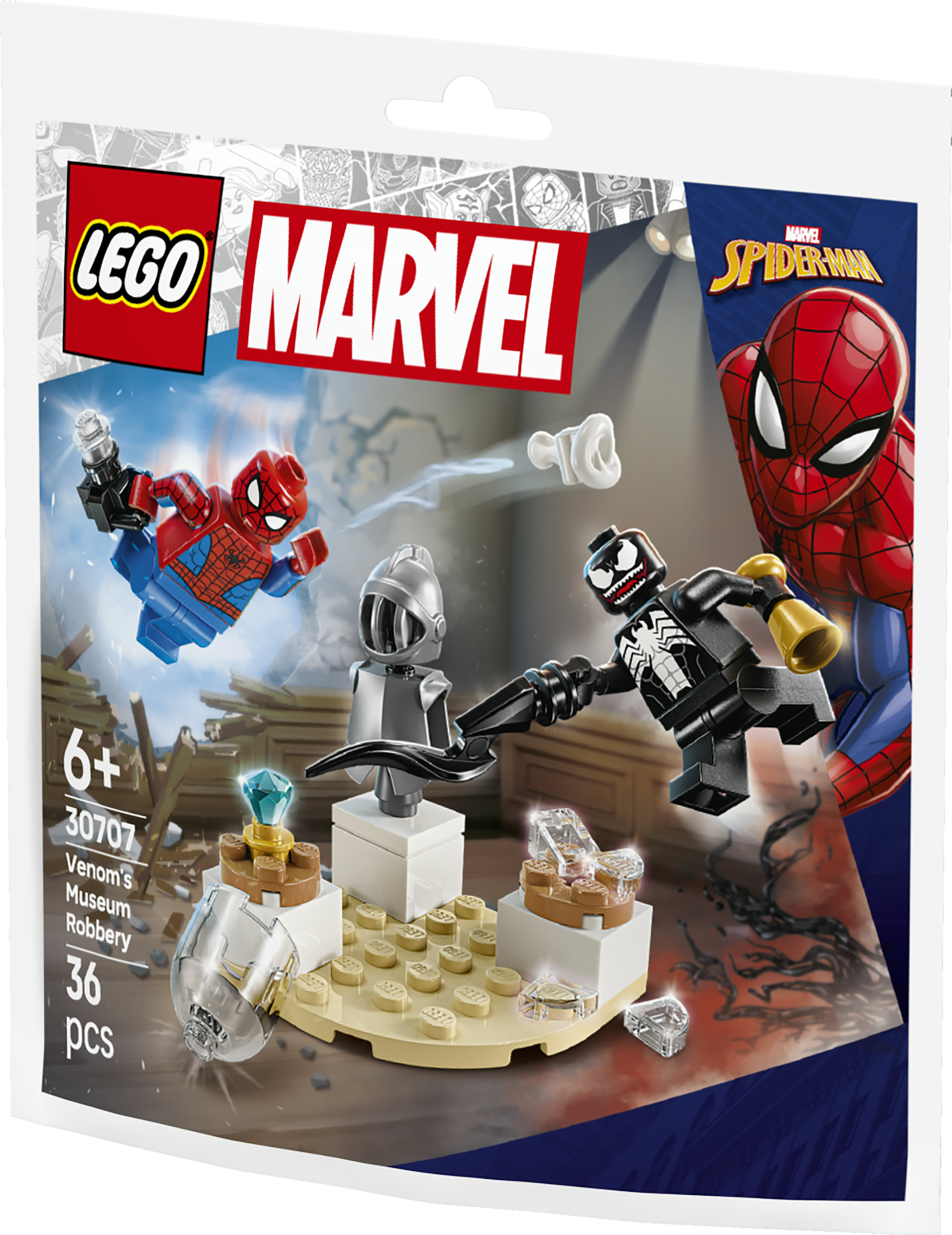 LEGO Marvel set kutusu, Örümcek Adam ve Venom minifigürlerinin bir miğfer ve mücevher gibi müze eserleri için savaştığını gösteriyor.