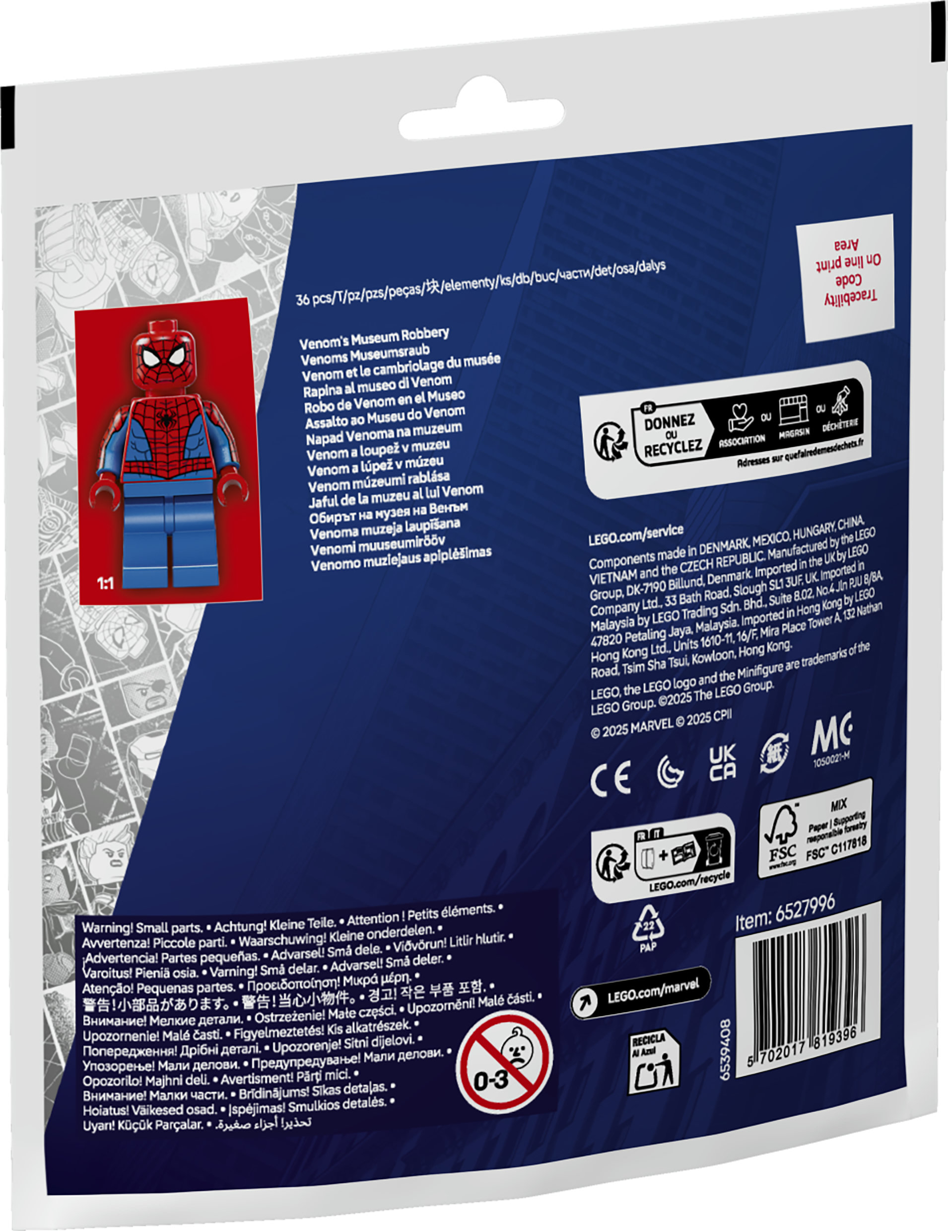 Kırmızı ve mavi Lego Örümcek Adam figürü, metinli mavi arka planda.