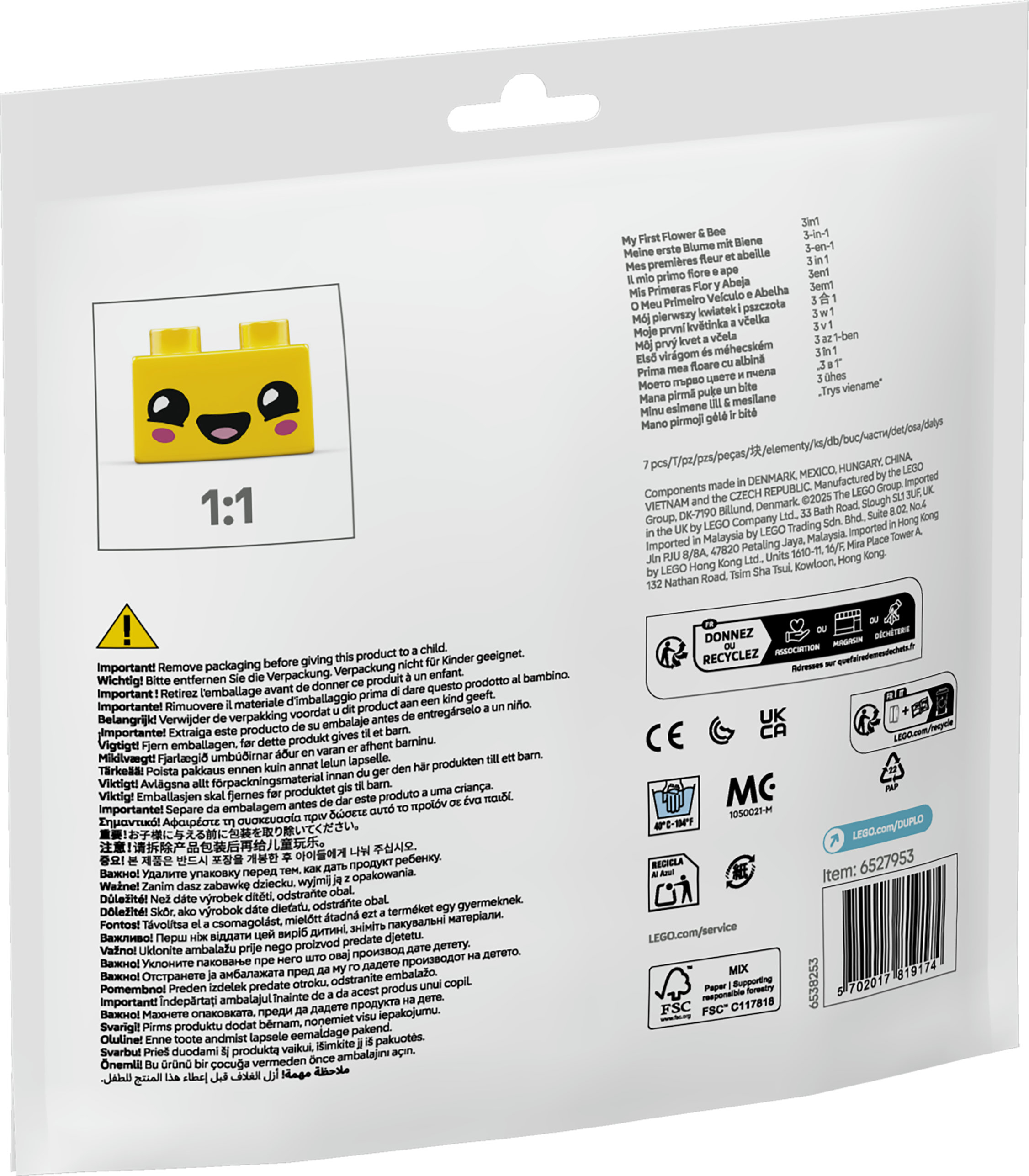 Confezione con faccia di mattoncino LEGO giallo e info prodotto.