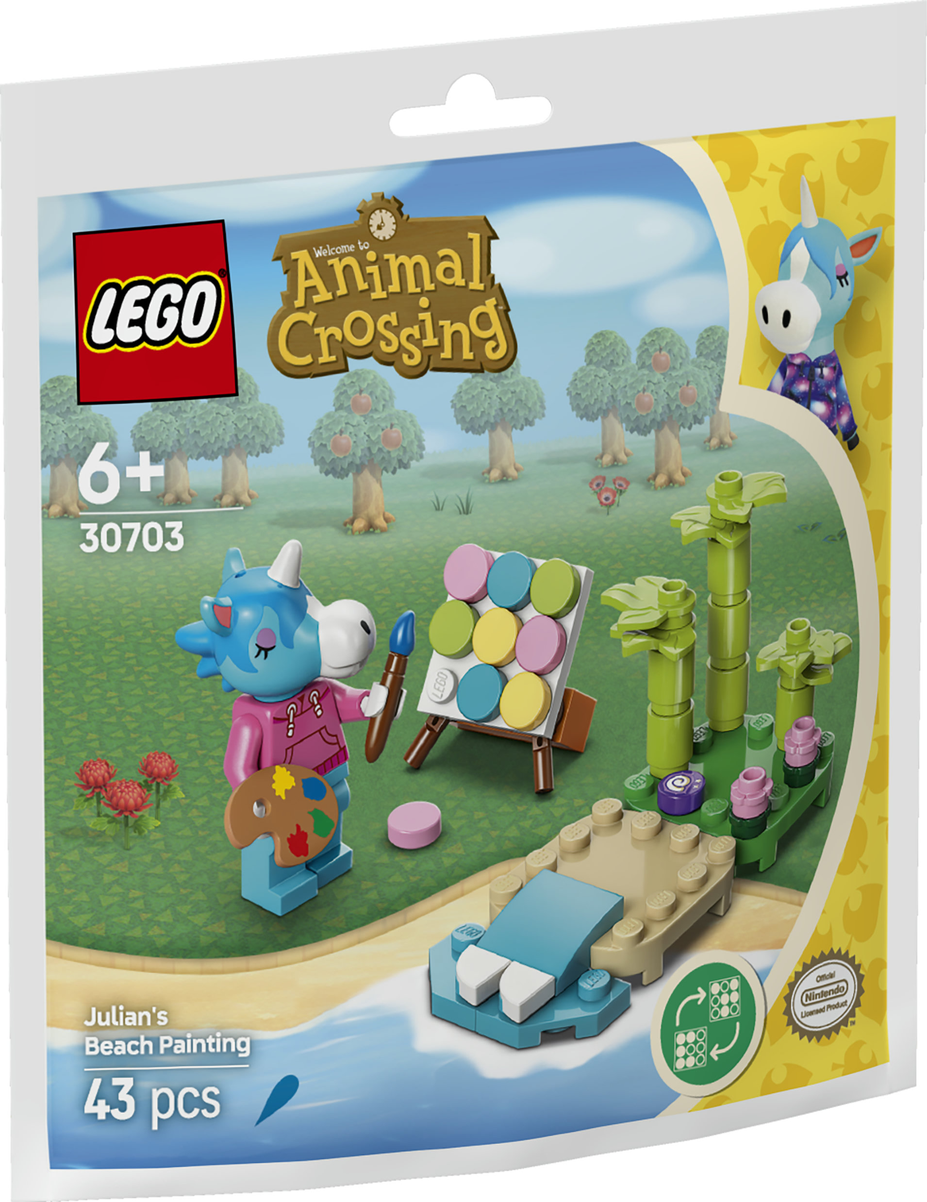 Set LEGO Animal Crossing : Un cheval bleu peint sur la plage avec des palmiers.