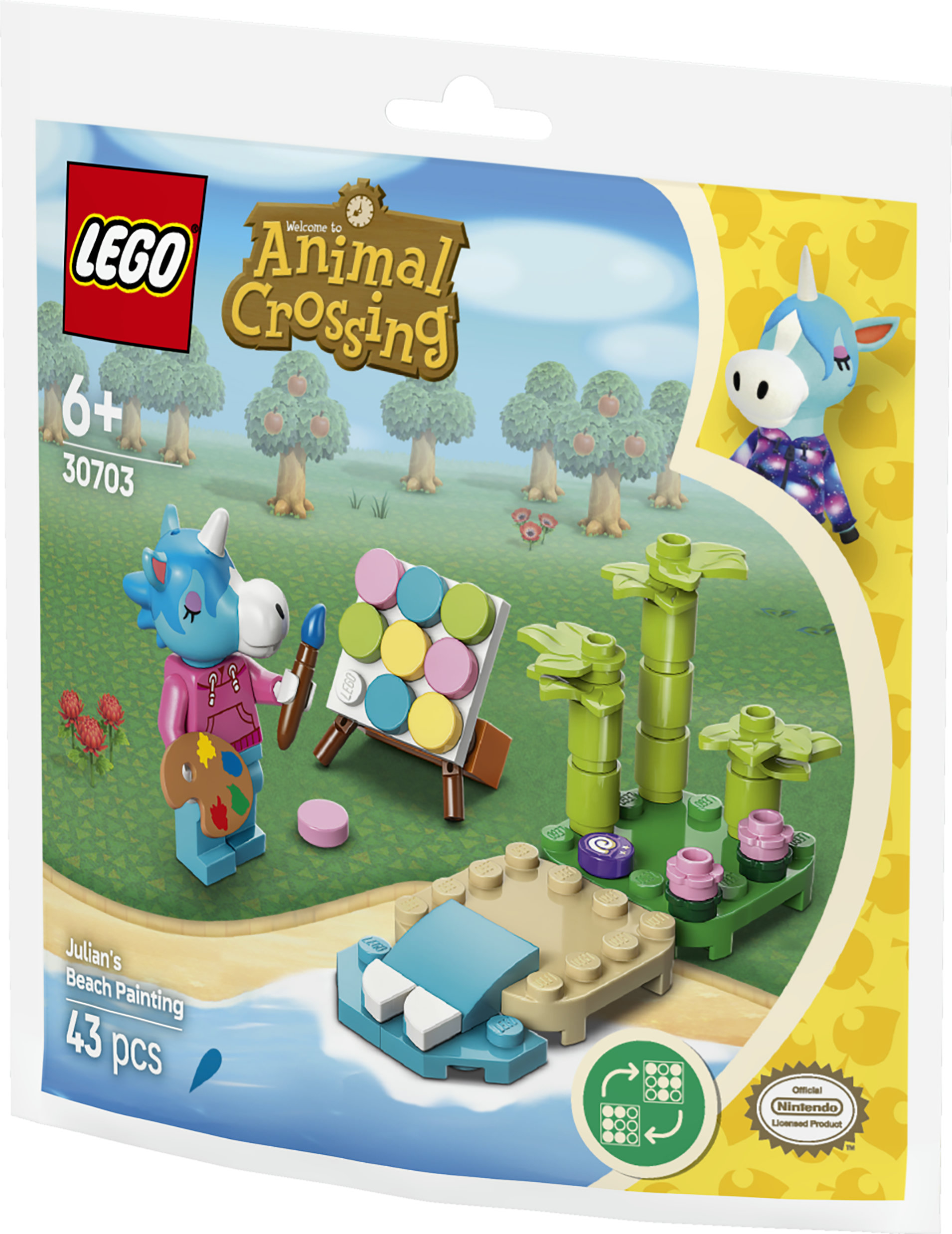 Set LEGO Animal Crossing avec licorne bleue peignant sur la plage. 43 pcs.