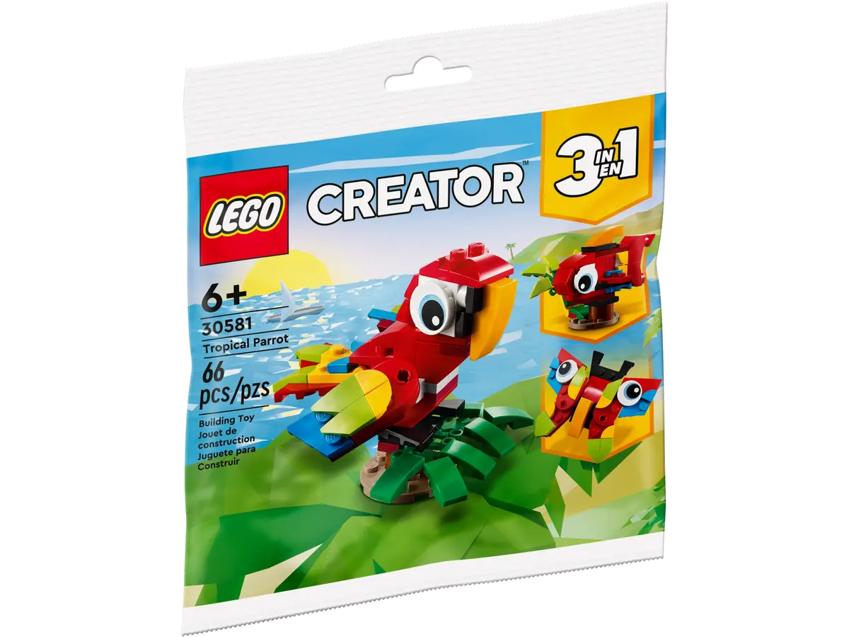 Set LEGO Creator 3-in-1 con pappagallo tropicale, farfalla e colibrì.