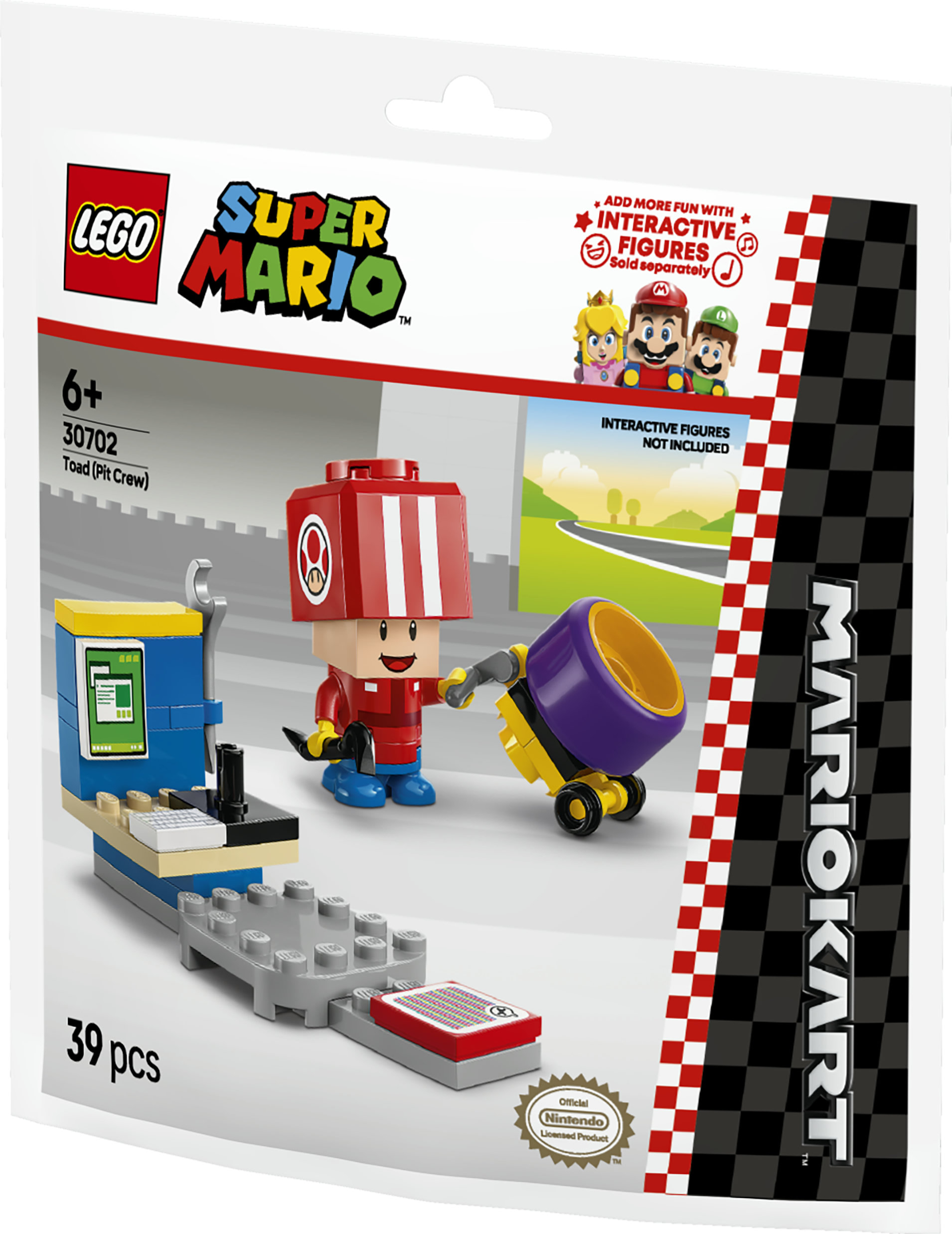 Busta LEGO Super Mario Toad (Pit Crew) che mostra una figura di Toad rossa con un kart viola e giallo.