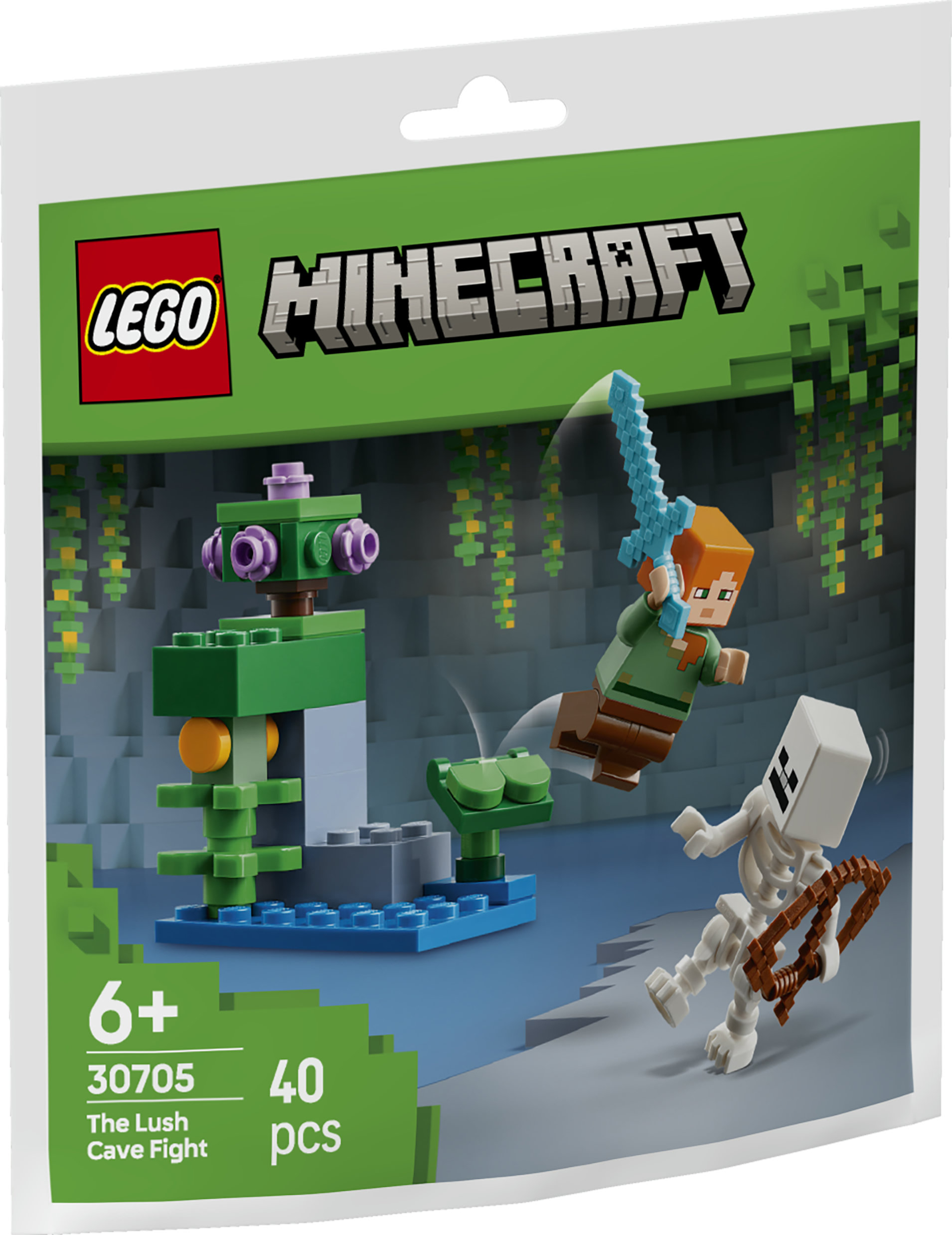 Alex'in yeşil bitki örtüsü ve su ile dolu yemyeşil bir mağarada bir iskeletle savaştığını gösteren bir Lego Minecraft set kutusu.