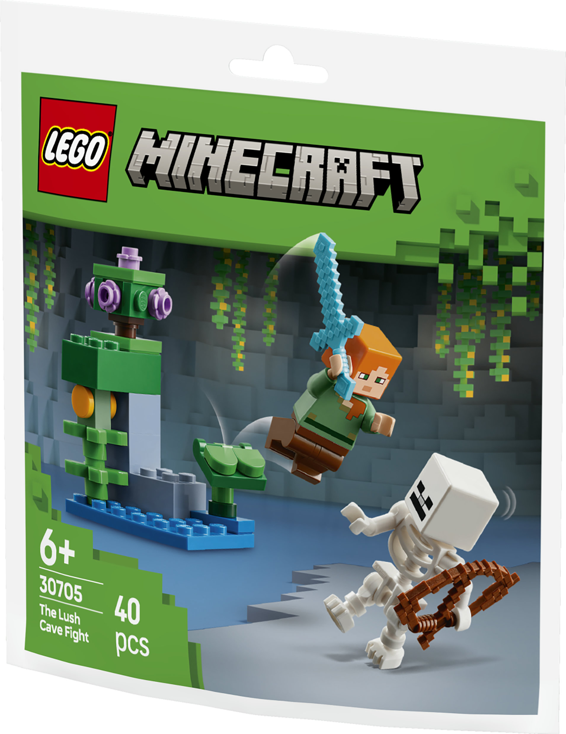 LEGO Minecraft 'Yemyeşil Mağara Savaşı' seti. Kılıçlı Alex, yaylı iskelet ve yeşil bitki canavarı içerir.