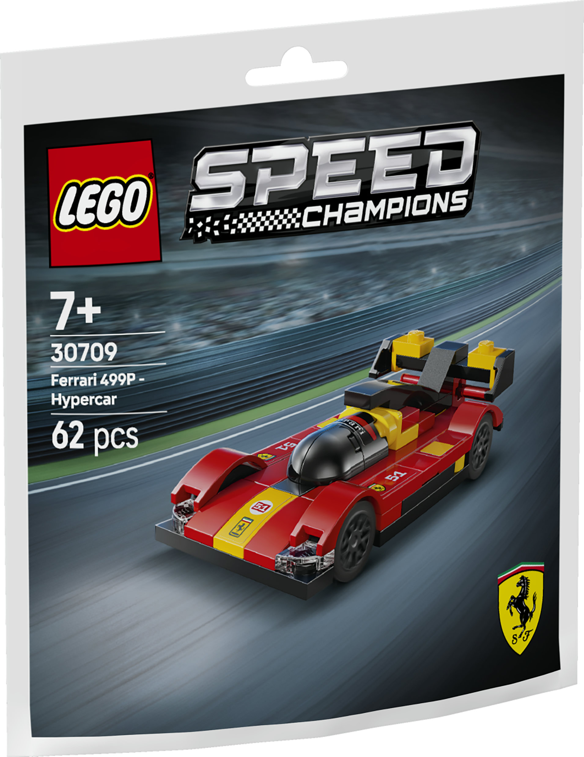 Auto da corsa Lego Ferrari rossa e gialla su una pista, 62 pezzi.