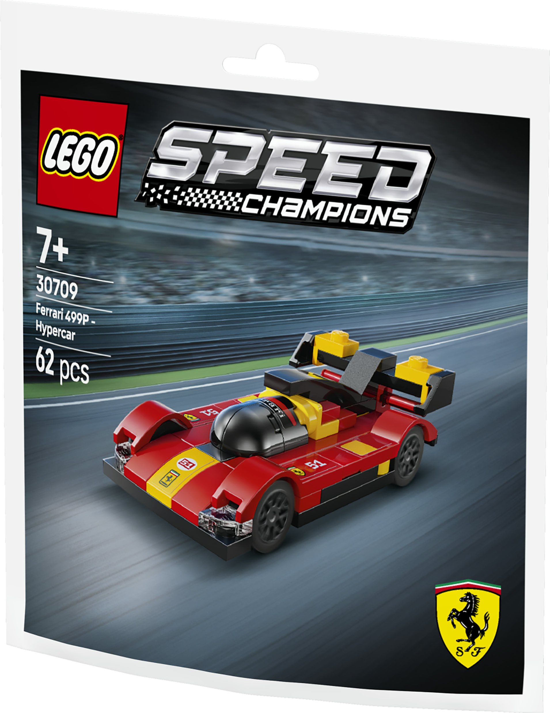 Un'auto da corsa Lego Ferrari rossa con accenti gialli su una pista.