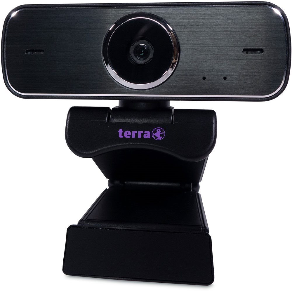 Una webcam nera con supporto regolabile e logo Terra viola.