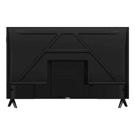Rear view of a black television with silver stand legs, cable management area.
