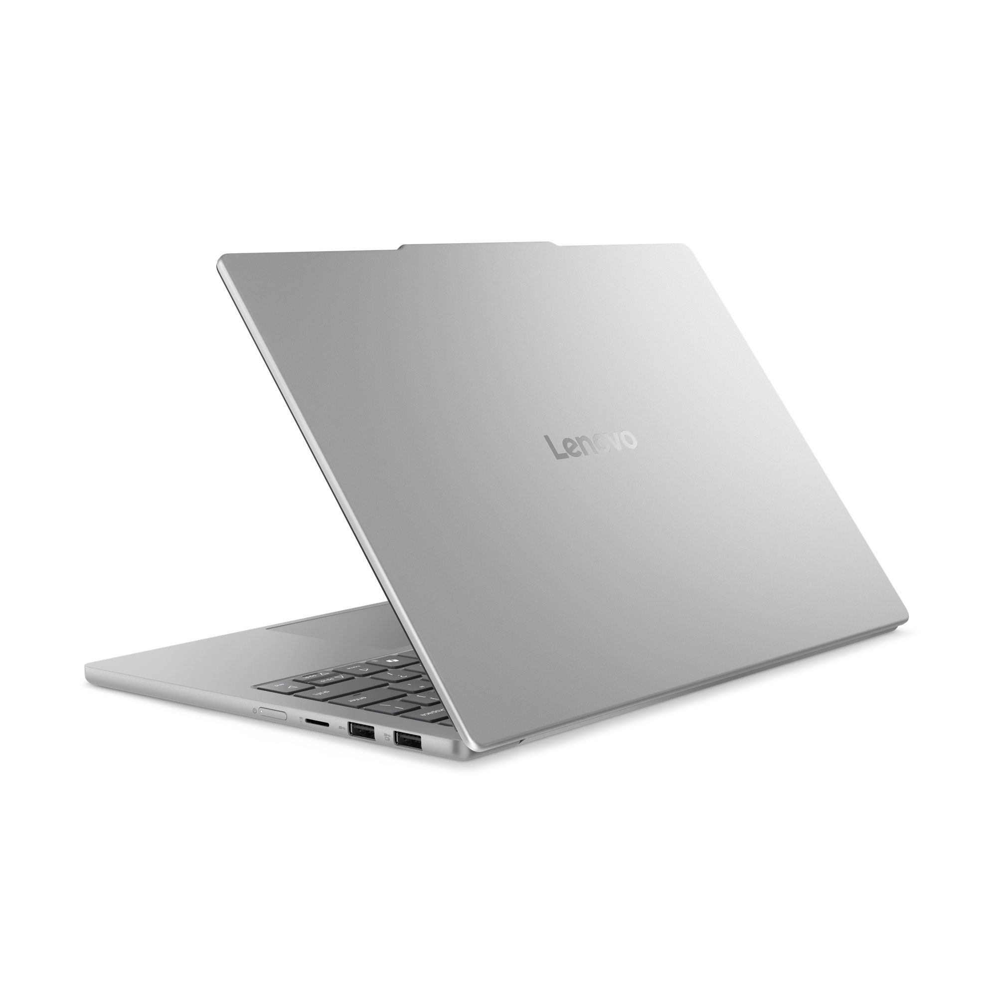 Gümüş rengi Lenovo dizüstü bilgisayar beyaz arka planda açıktır.